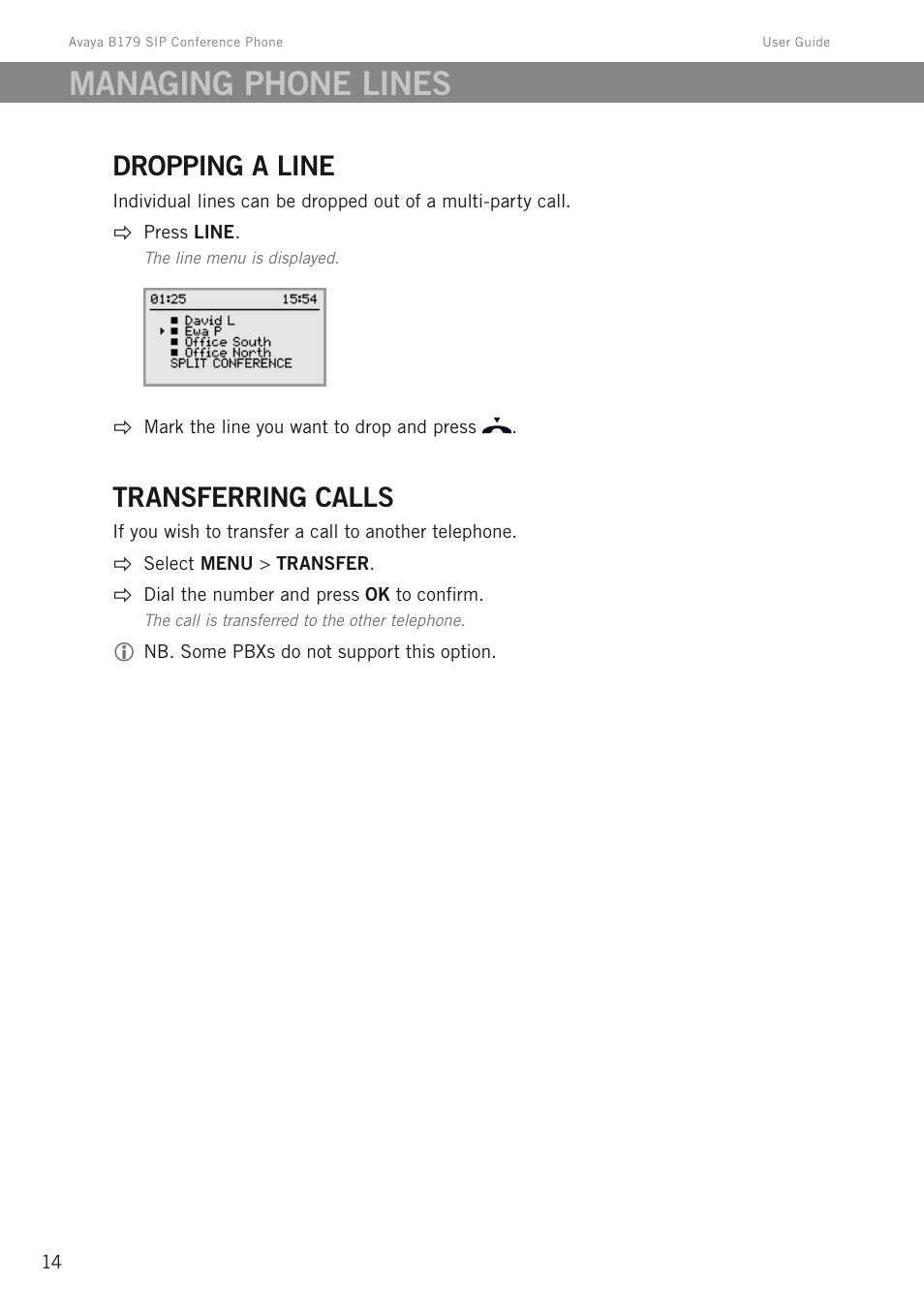 Dropping a line, Transferring calls, Managing phone lines | Avaya B179 User Manual | Page 18 / 54