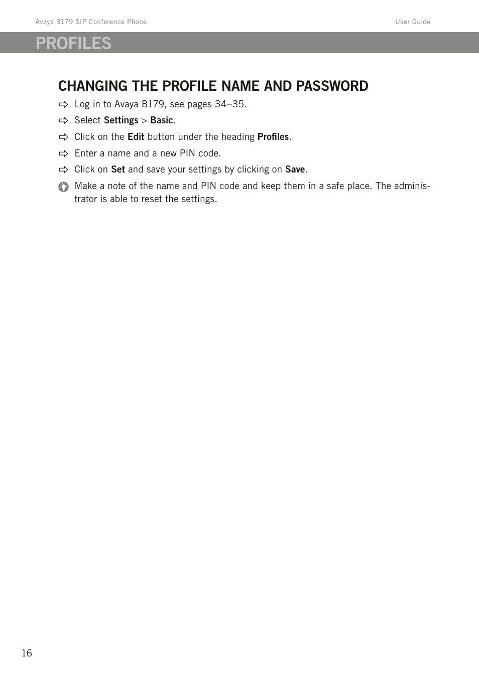 Changing the profile name and password, Profiles | Avaya B179 User Manual | Page 20 / 54