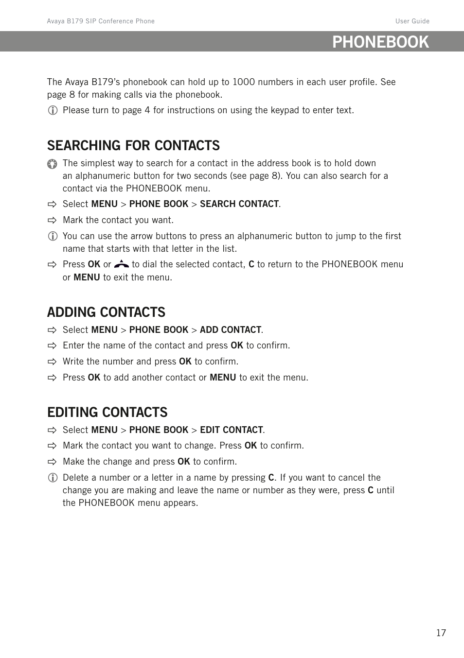 Phonebook, Searching for contacts, Adding contacts | Editing contacts | Avaya B179 User Manual | Page 21 / 54