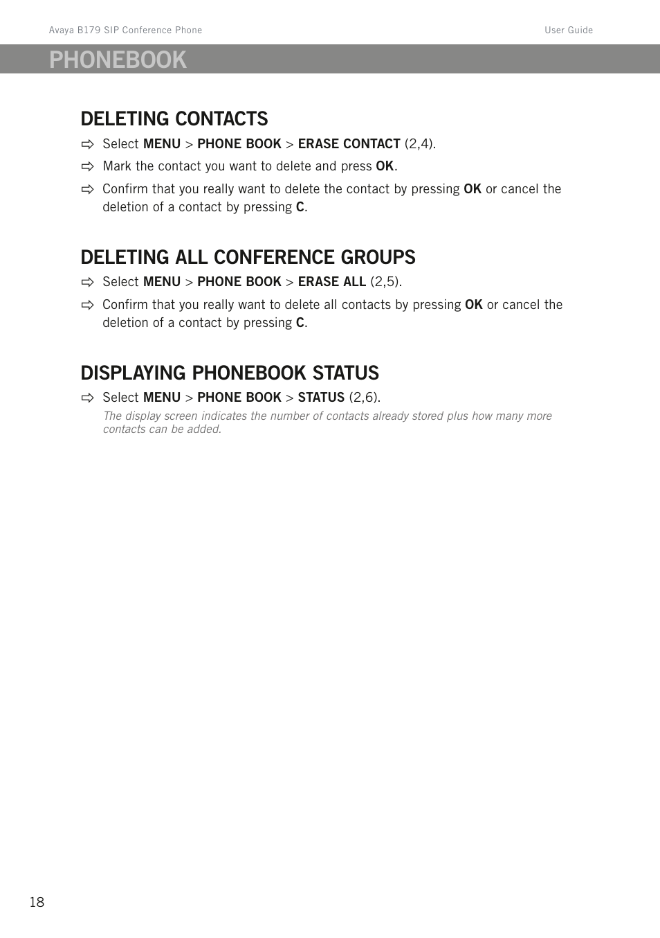 Deleting contacts, Deleting all conference groups, Displaying phonebook status | Phonebook | Avaya B179 User Manual | Page 22 / 54