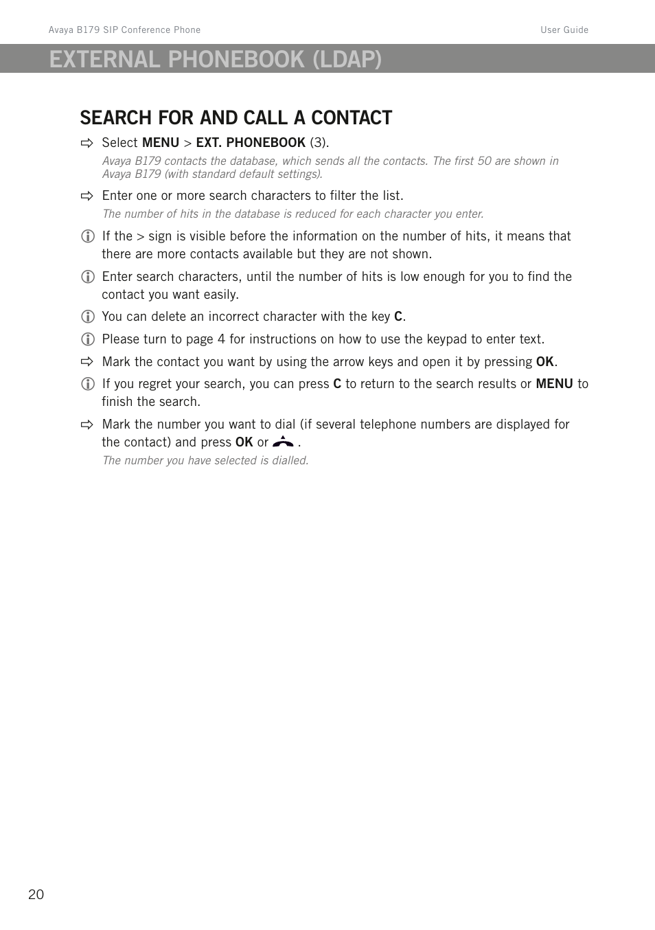 Search for and call a contact, External phonebook (ldap) | Avaya B179 User Manual | Page 24 / 54