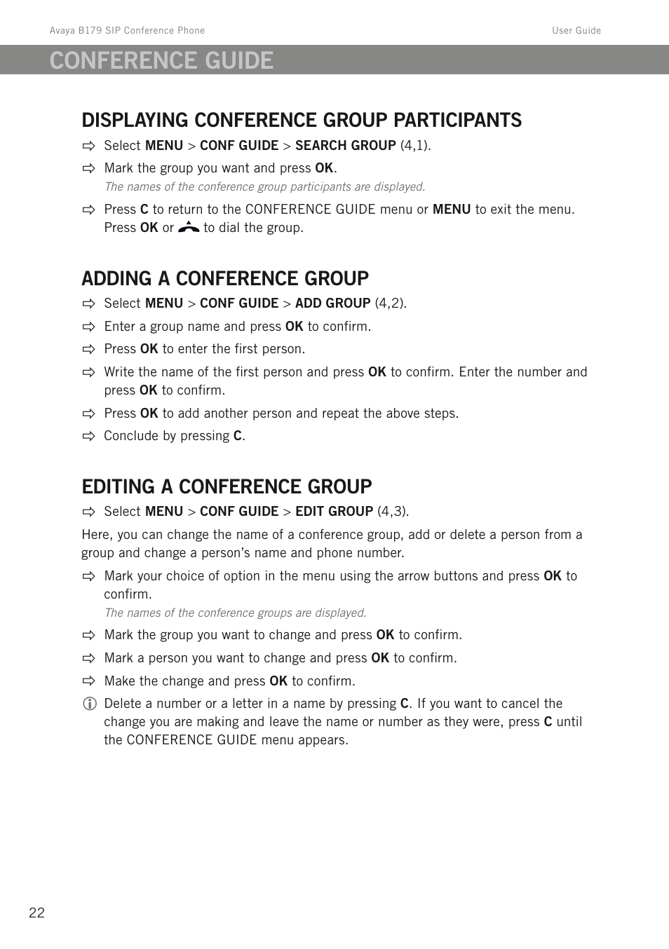 Displaying conference group participants, Adding a conference group, Editing a conference group | Conference guide | Avaya B179 User Manual | Page 26 / 54