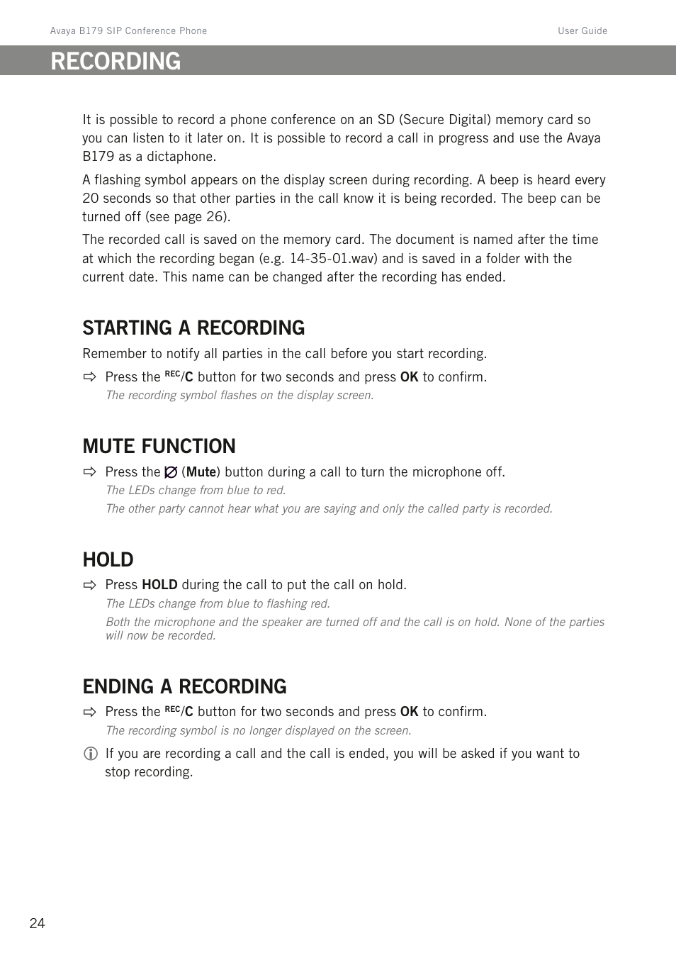 Recording, Starting a recording, Mute function | Hold, Ending a recording | Avaya B179 User Manual | Page 28 / 54