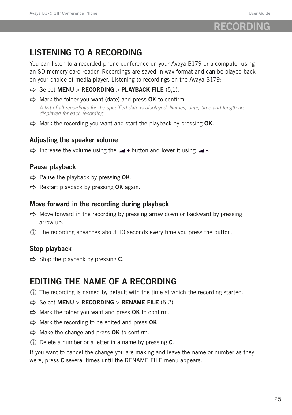 Listening to a recording, Editing the name of a recording, Recording | Avaya B179 User Manual | Page 29 / 54