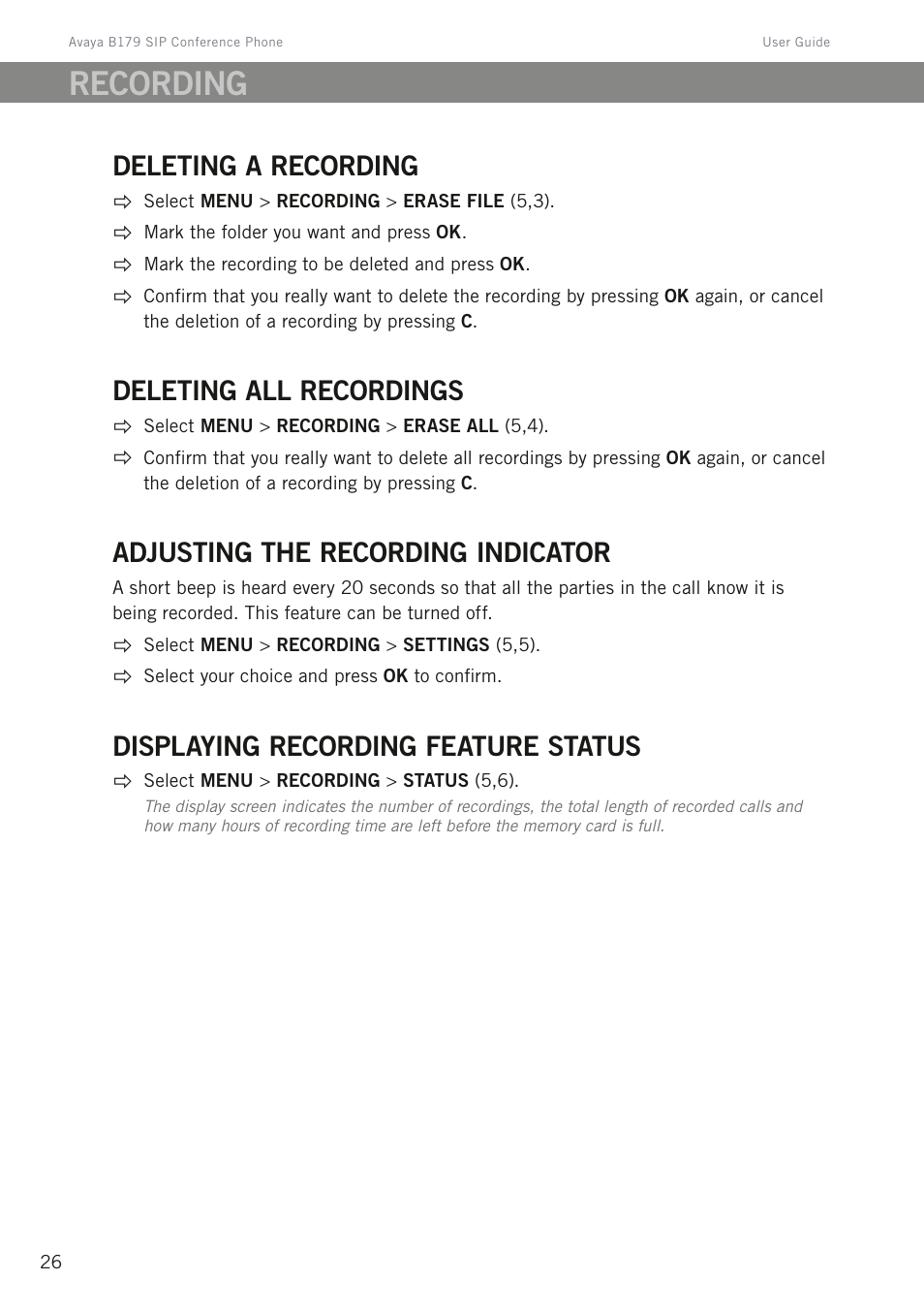 Deleting a recording, Deleting all recordings, Adjusting the recording indicator | Displaying recording feature status, Recording | Avaya B179 User Manual | Page 30 / 54