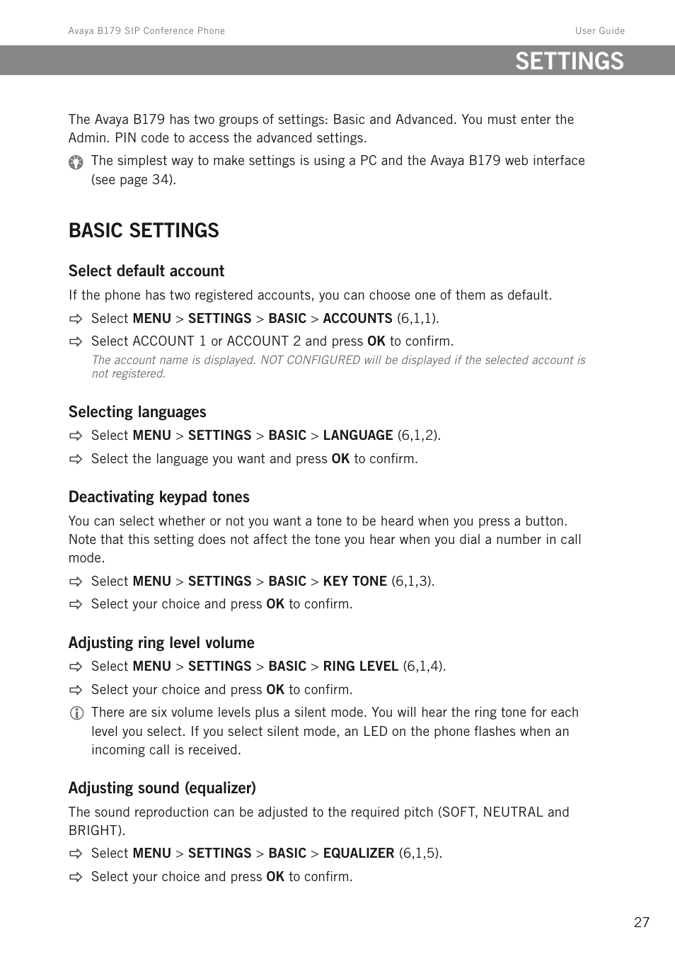 Settings, Basic settings | Avaya B179 User Manual | Page 31 / 54