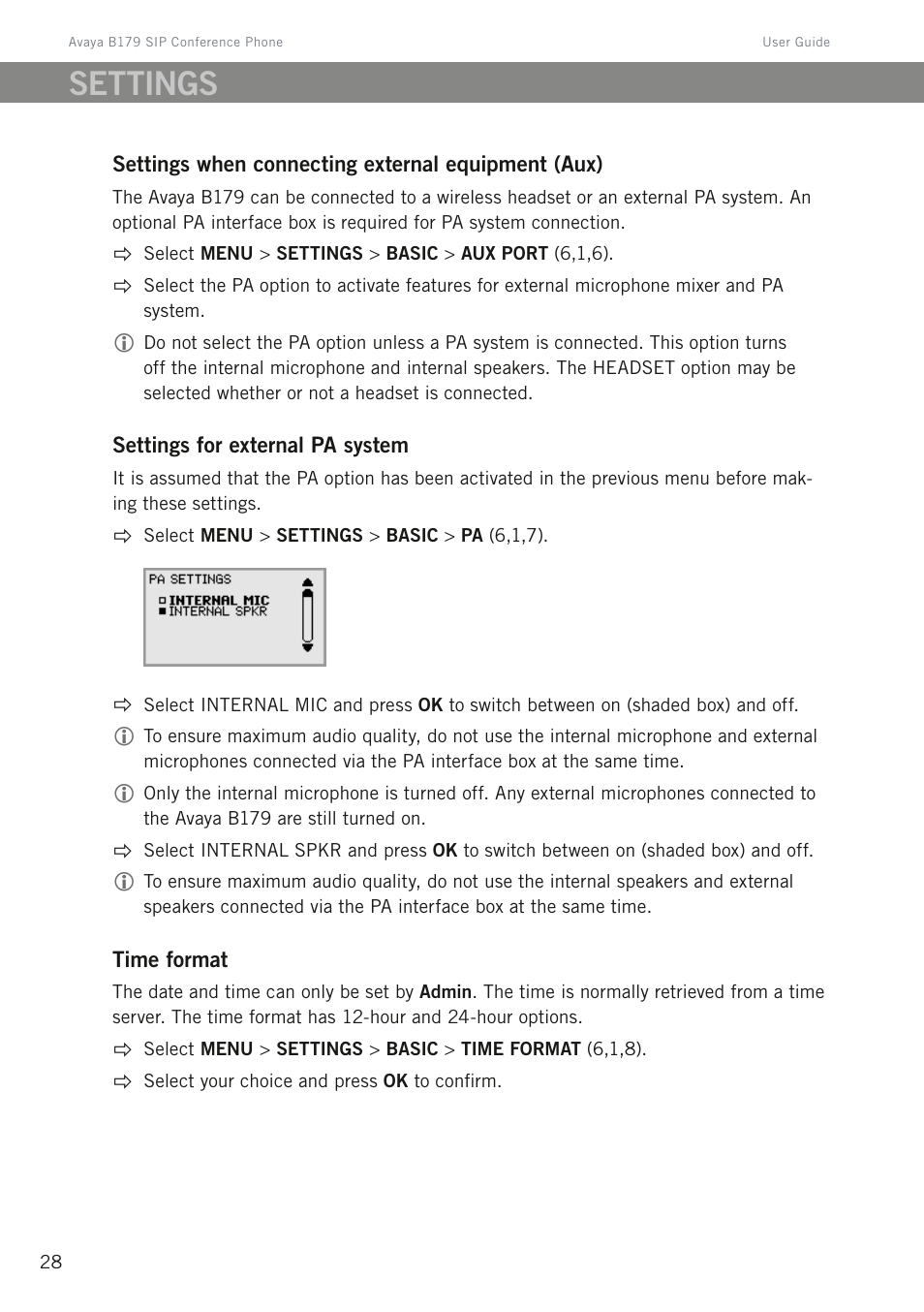 Settings | Avaya B179 User Manual | Page 32 / 54