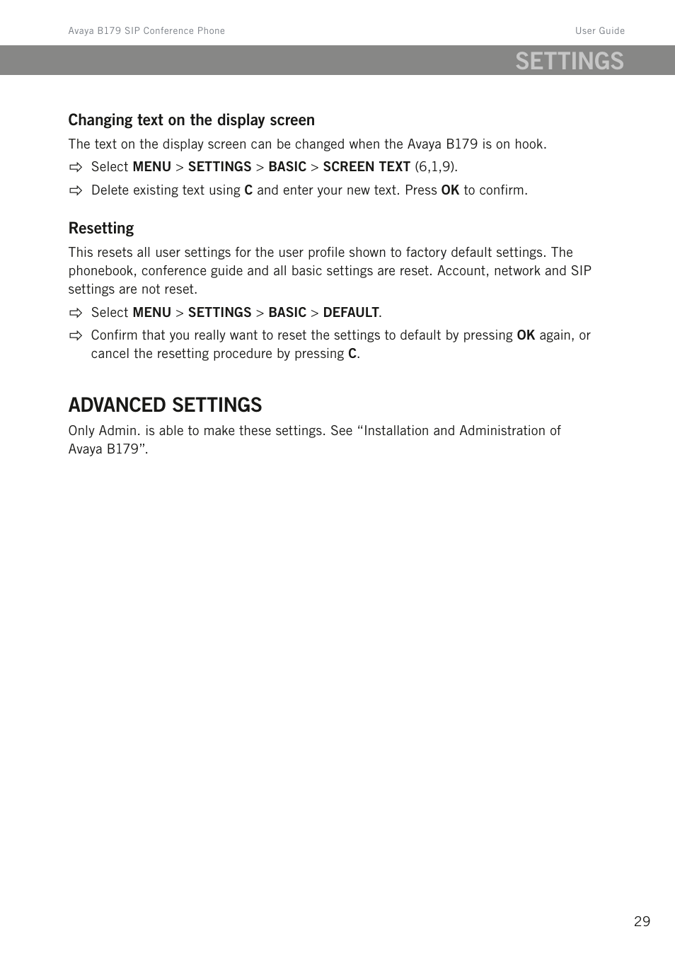 Advanced settings, Settings | Avaya B179 User Manual | Page 33 / 54