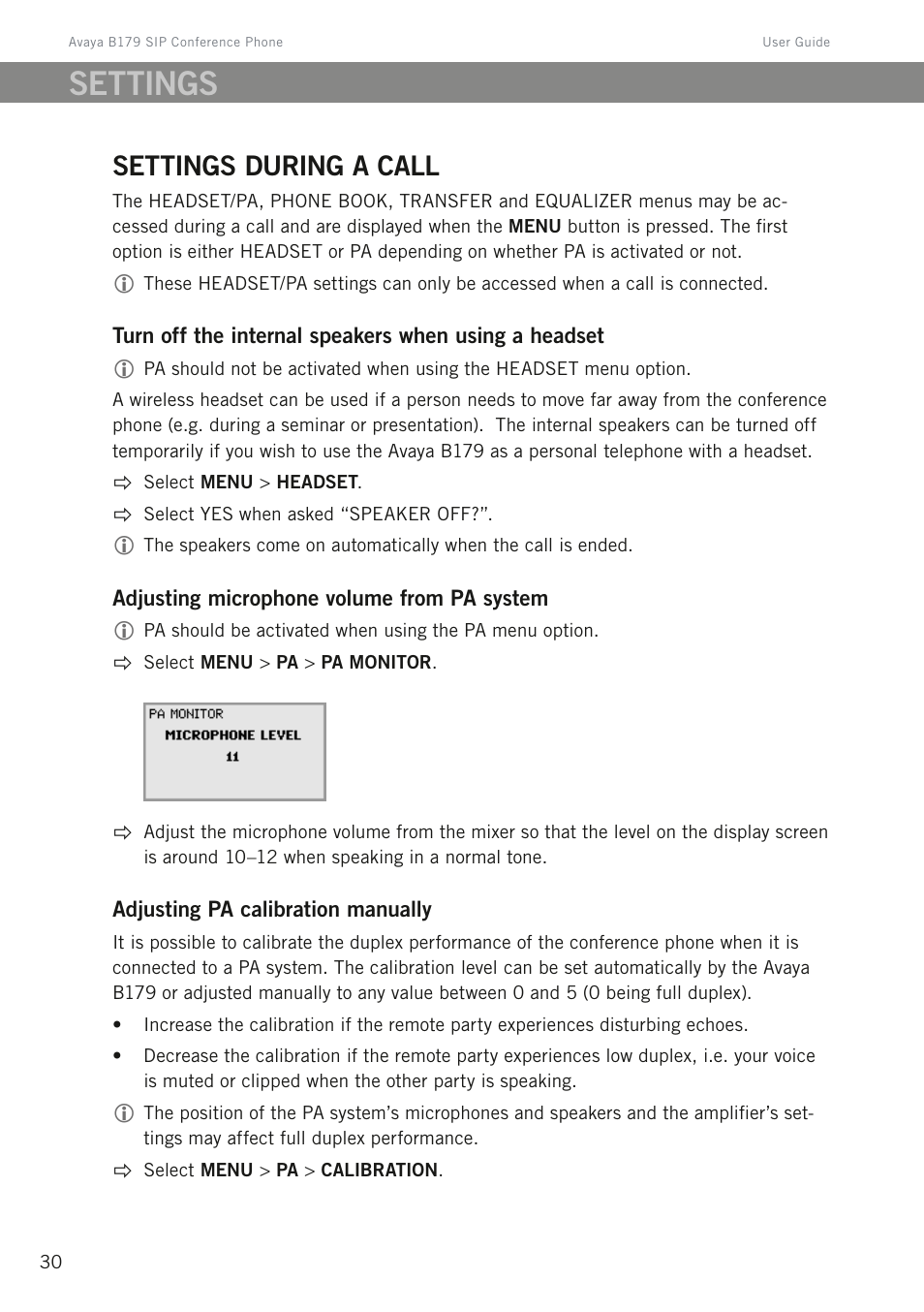 Settings during a call, Settings | Avaya B179 User Manual | Page 34 / 54