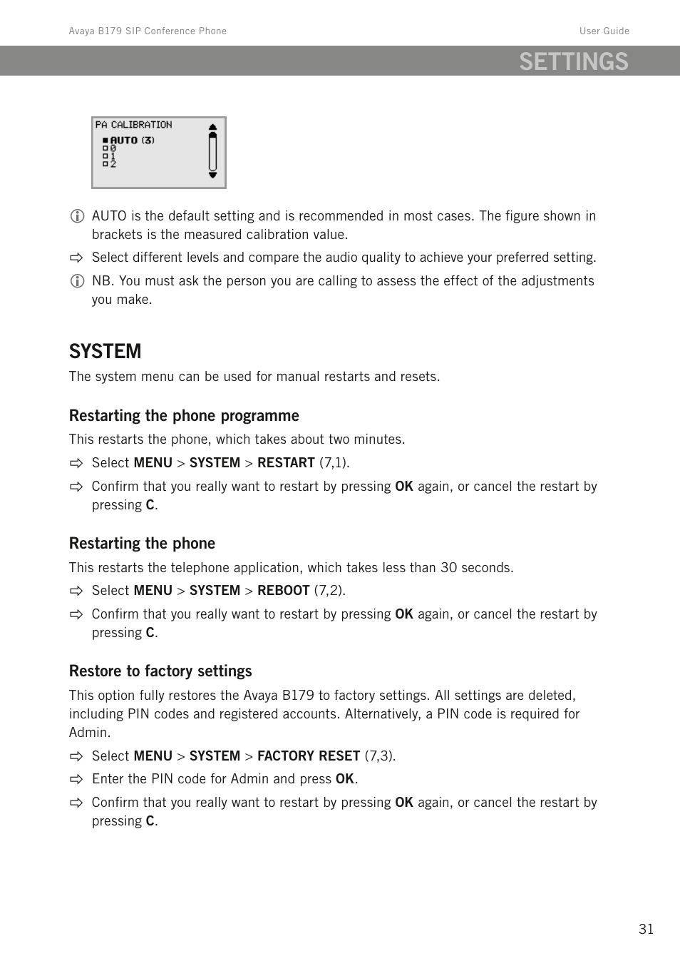 System, Settings | Avaya B179 User Manual | Page 35 / 54