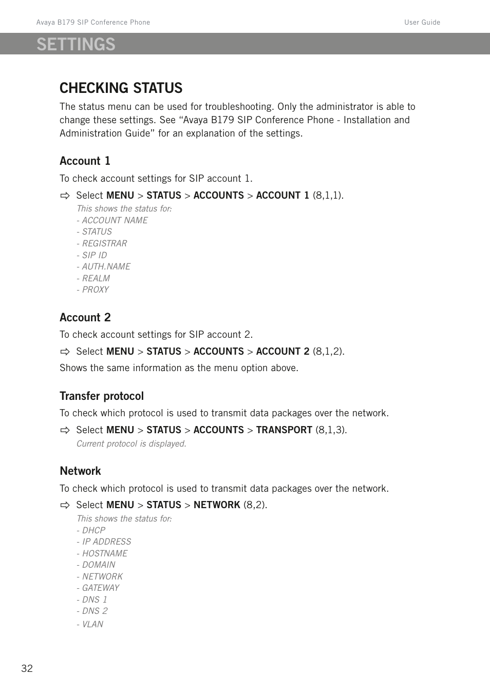 Checking status, Settings | Avaya B179 User Manual | Page 36 / 54