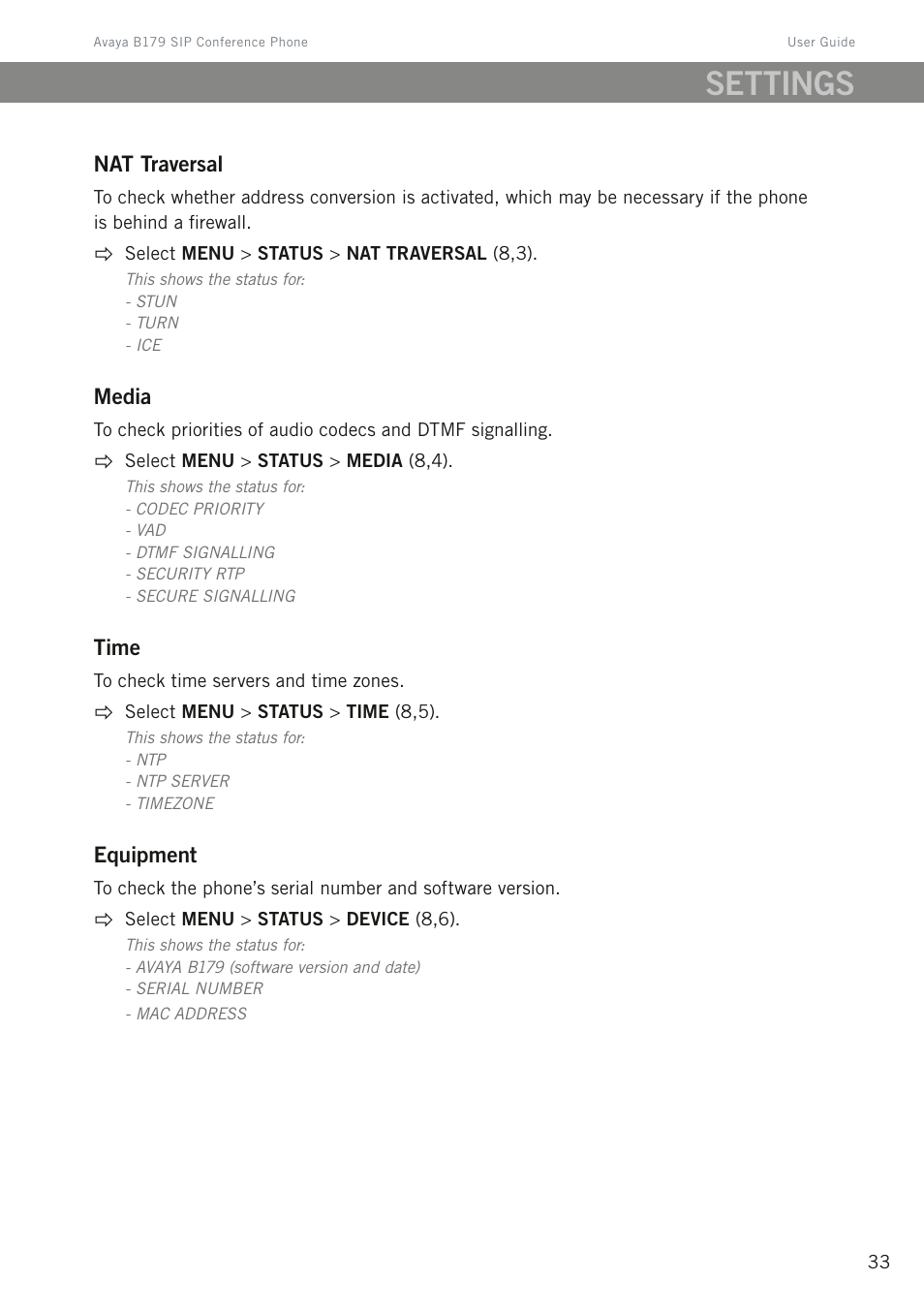 Settings | Avaya B179 User Manual | Page 37 / 54