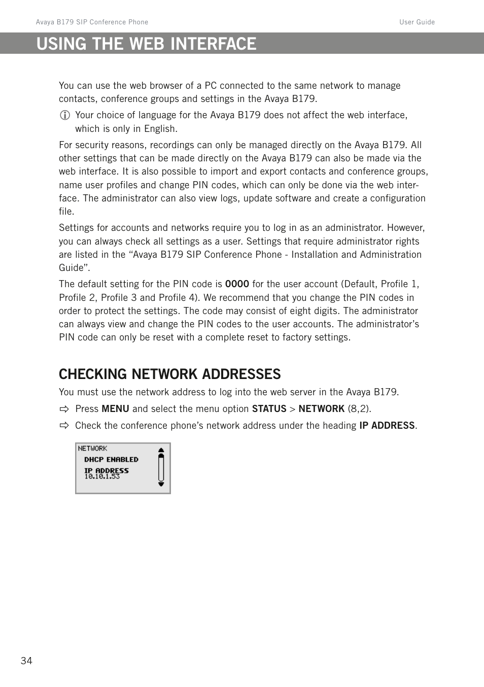 Using the web interface, Checking network addresses | Avaya B179 User Manual | Page 38 / 54