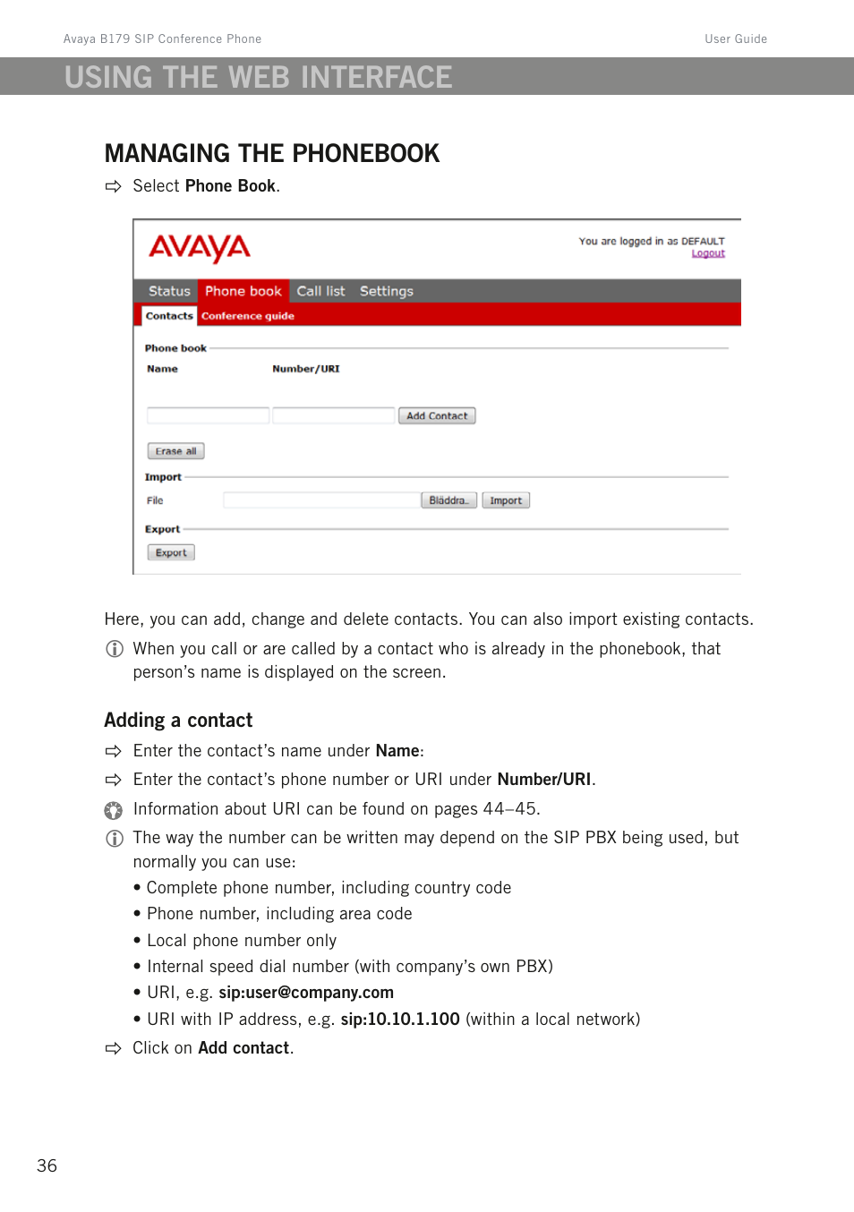 Managing the phonebook, Using the web interface | Avaya B179 User Manual | Page 40 / 54