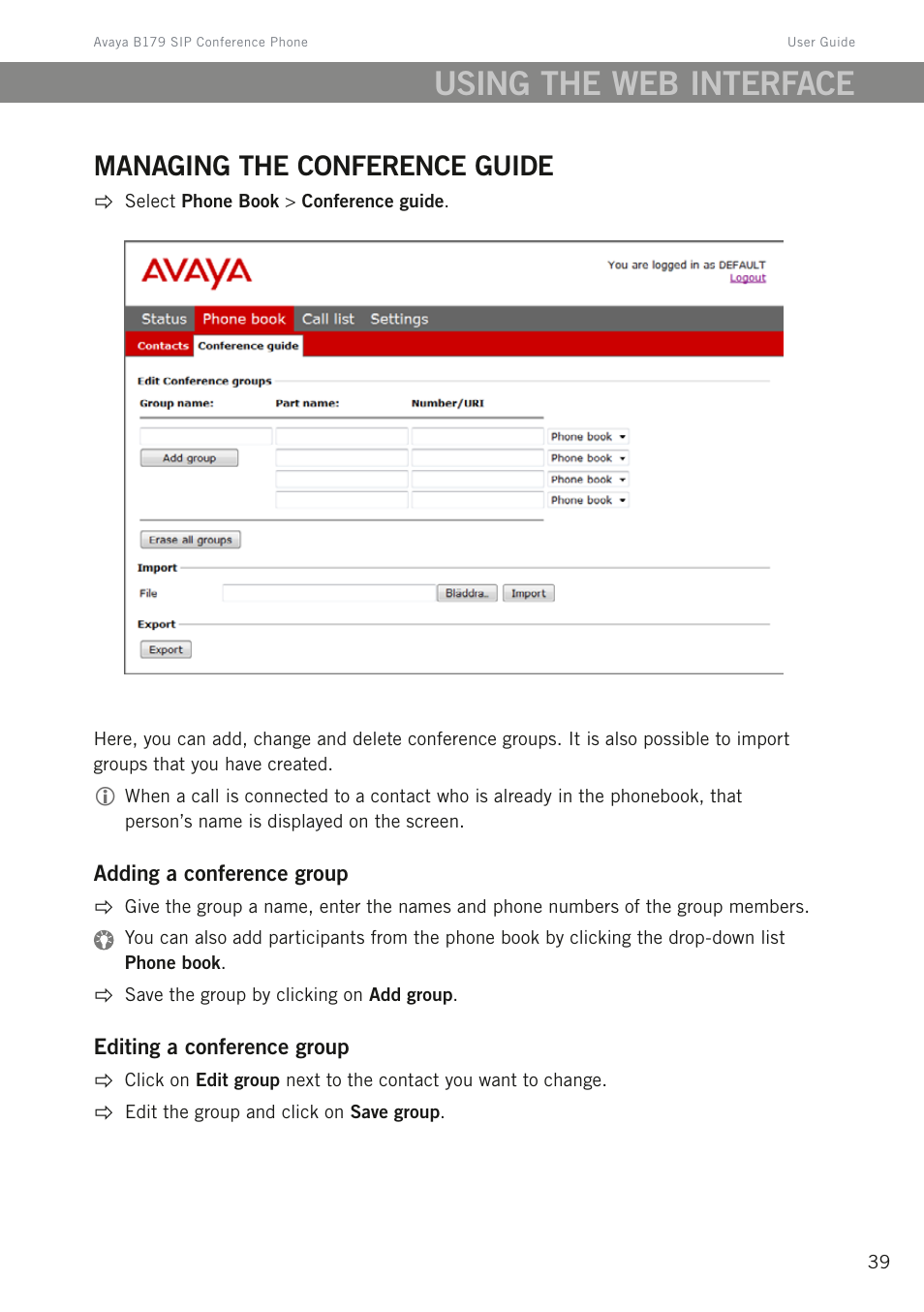 Managing the conference guide, Using the web interface | Avaya B179 User Manual | Page 43 / 54