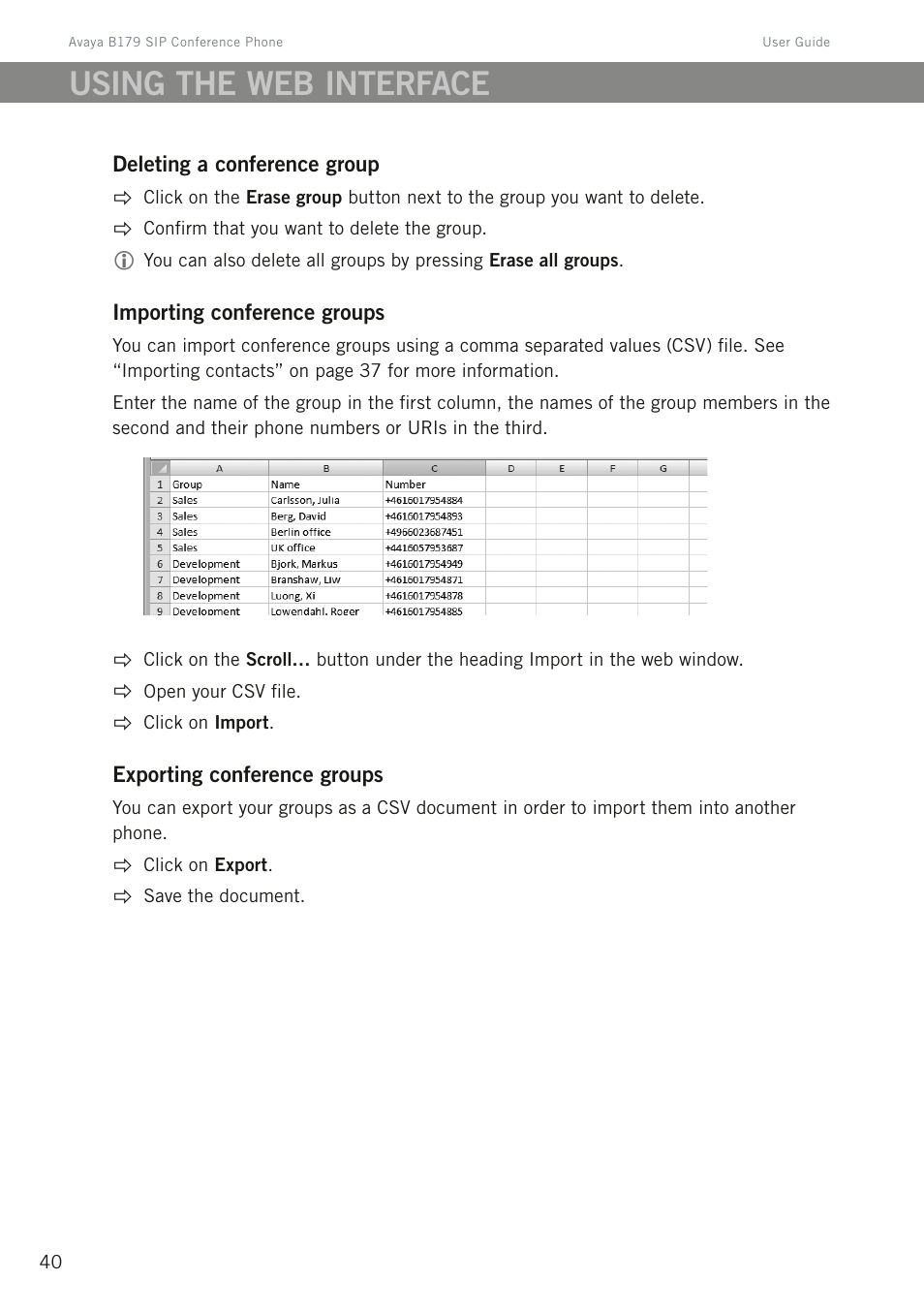 Using the web interface | Avaya B179 User Manual | Page 44 / 54