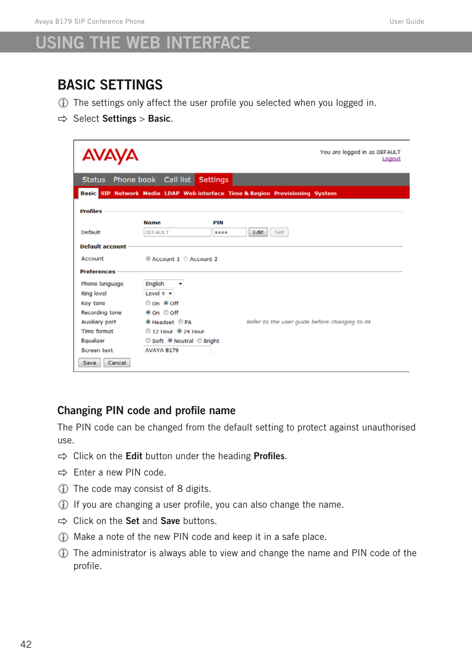 Basic settings, Using the web interface | Avaya B179 User Manual | Page 46 / 54