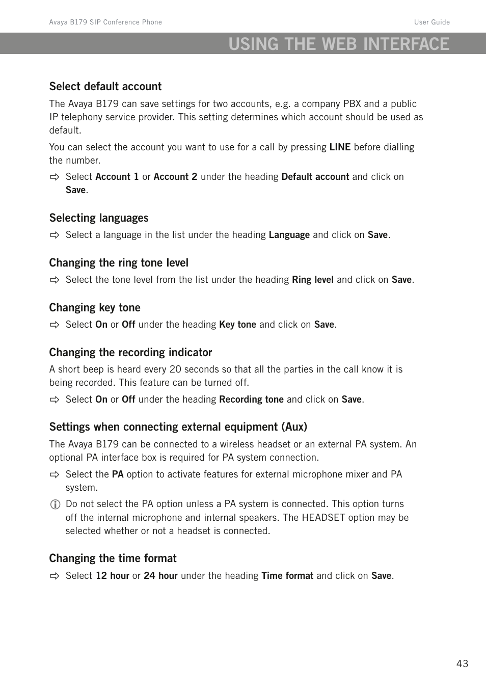 Using the web interface | Avaya B179 User Manual | Page 47 / 54