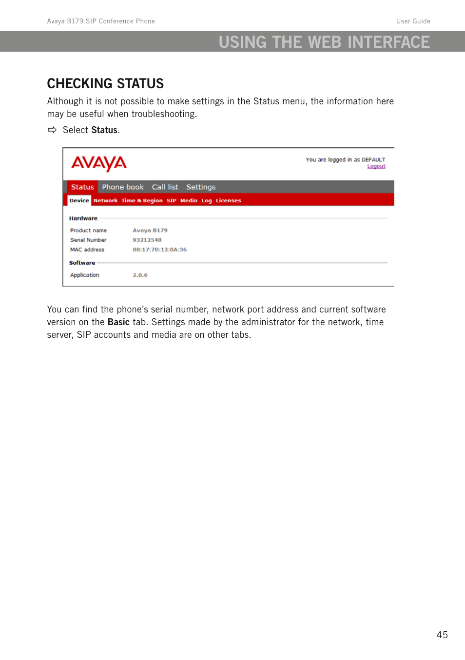 Checking status, Using the web interface | Avaya B179 User Manual | Page 49 / 54