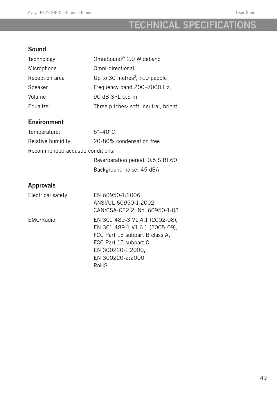 Technical specifications | Avaya B179 User Manual | Page 53 / 54