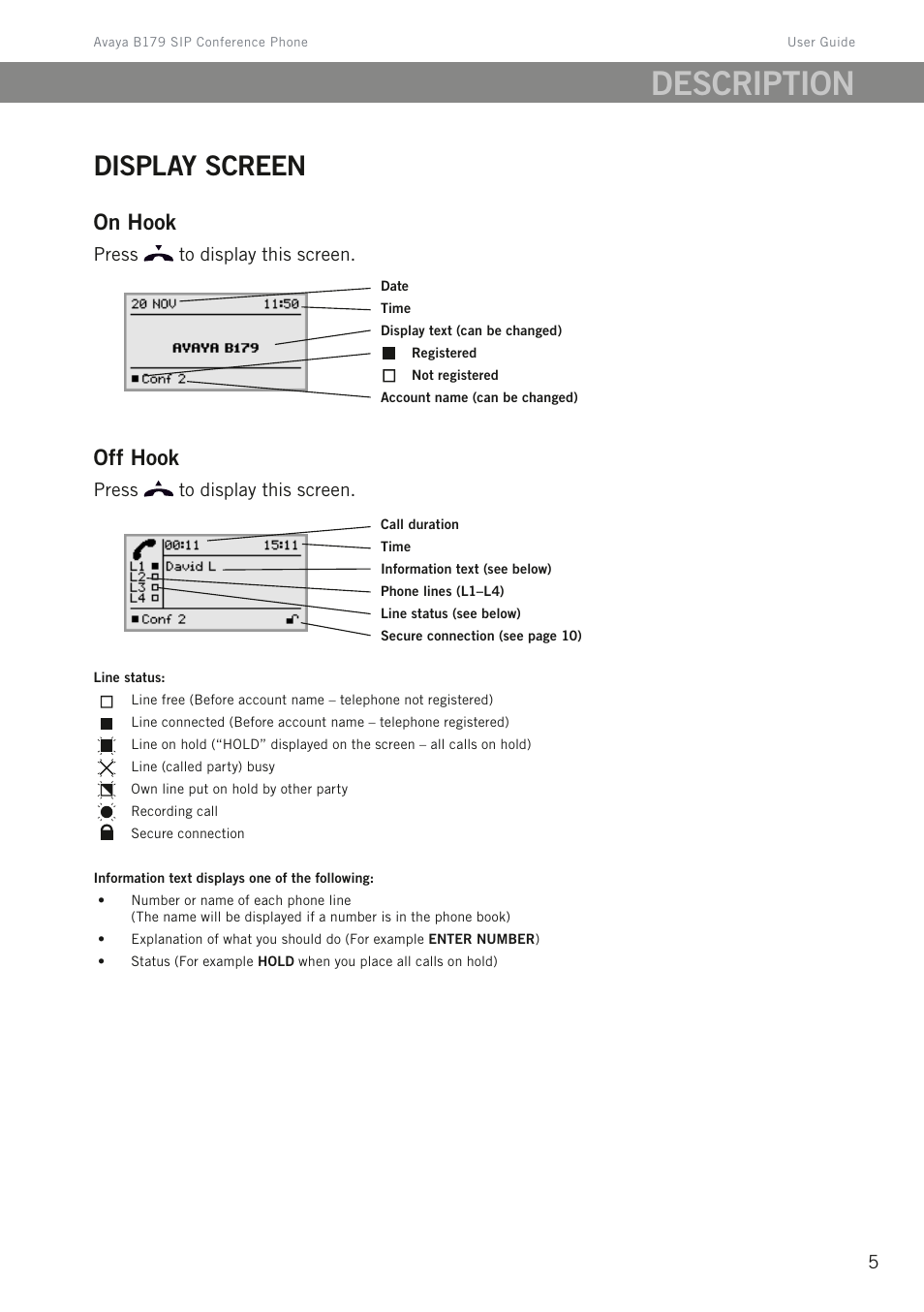Display screen, Description, On hook | Off hook | Avaya B179 User Manual | Page 9 / 54