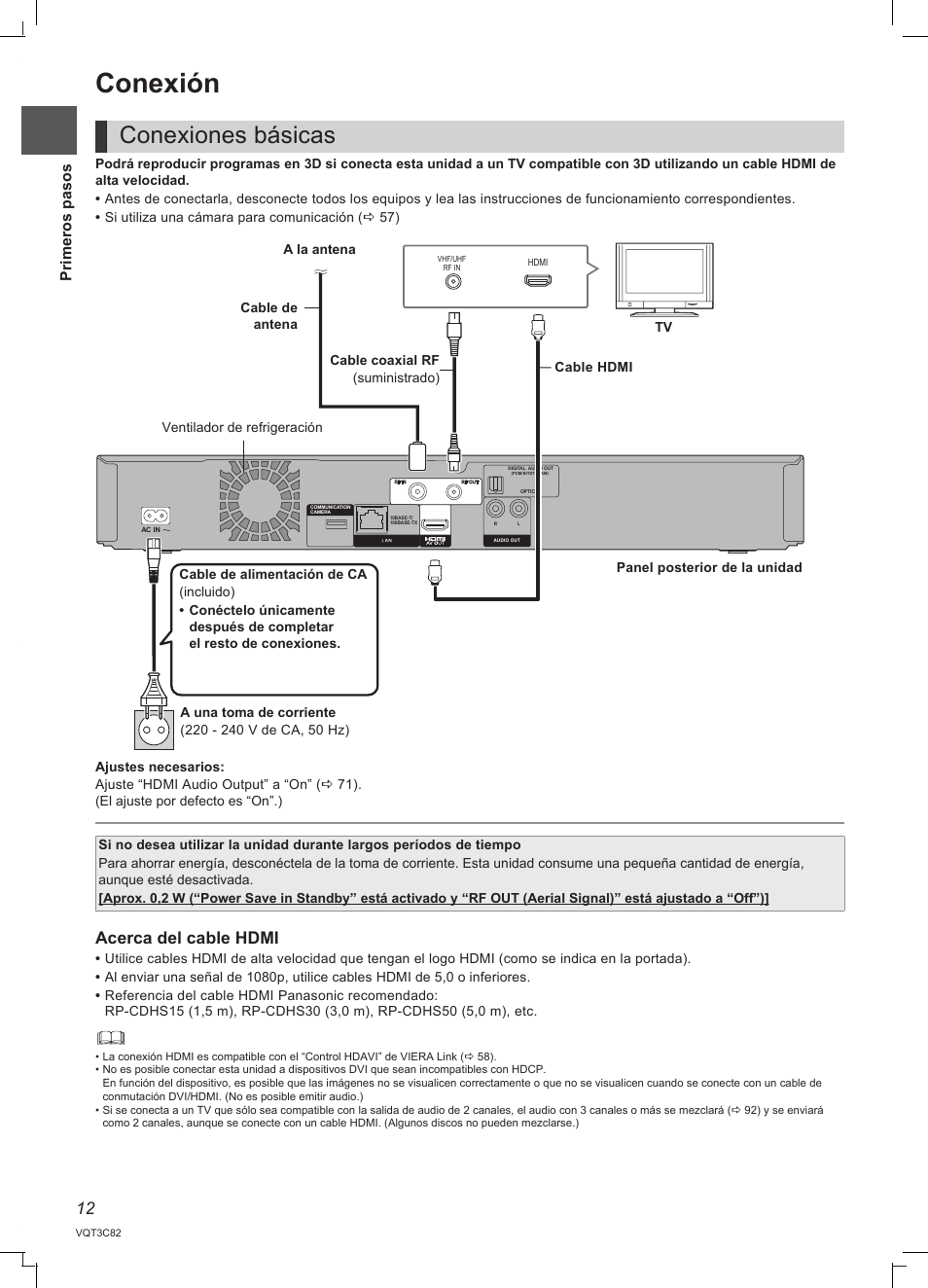 Conexión, Conexiones básicas, Acerca del cable hdmi | Panasonic DMRPWT500EC User Manual | Page 12 / 96