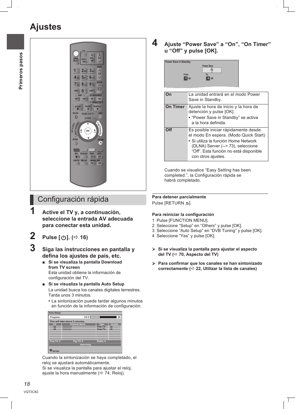 Ajustes, Configuración rápida, Pulse [ ]. (  16) | Pr im er os p as os | Panasonic DMRPWT500EC User Manual | Page 18 / 96