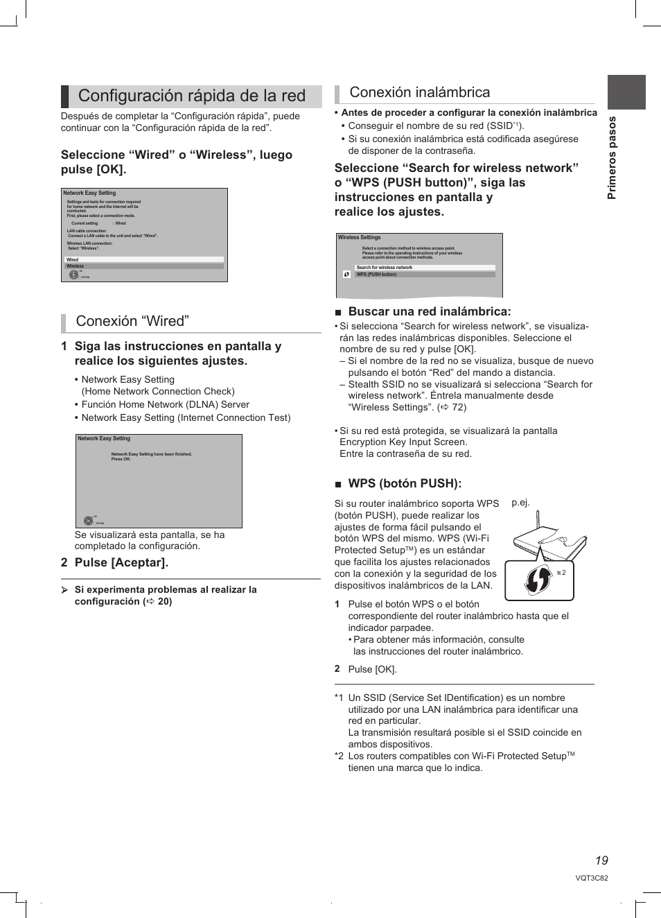 Configuración rápida de la red, Conexión “wired, Conexión inalámbrica | 2 pulse [aceptar | Panasonic DMRPWT500EC User Manual | Page 19 / 96