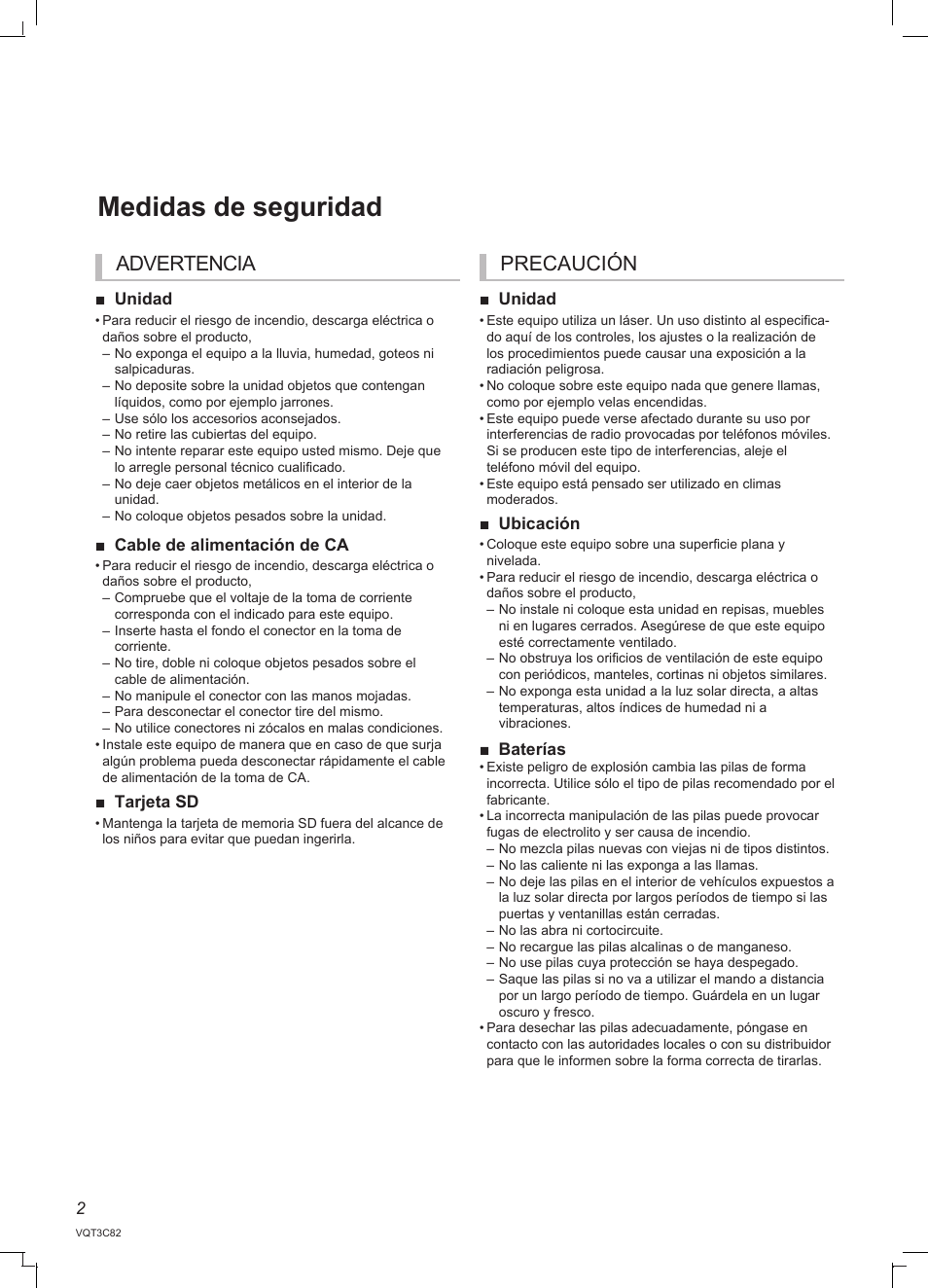 Medidas de seguridad, Advertencia precaución | Panasonic DMRPWT500EC User Manual | Page 2 / 96