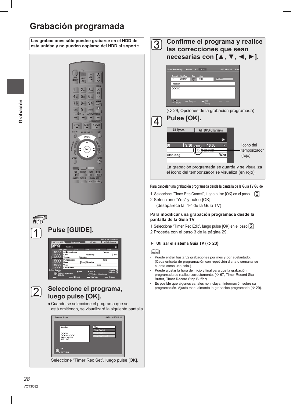 Grabación programada, Pulse [ok, Grabación | 29, opciones de la grabación programada), Icono del temporizador (rojo), All dvb channels all types | Panasonic DMRPWT500EC User Manual | Page 28 / 96