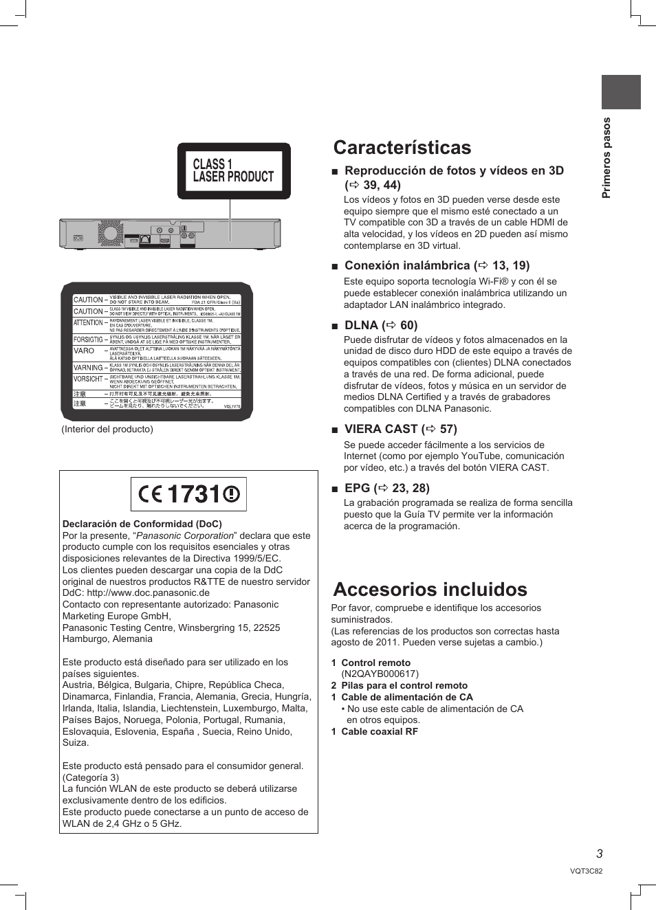 Características accesorios incluidos, Class 1 laser product | Panasonic DMRPWT500EC User Manual | Page 3 / 96