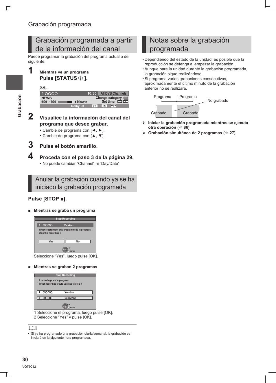 Notas sobre la grabación programada, Grabación programada | Panasonic DMRPWT500EC User Manual | Page 30 / 96