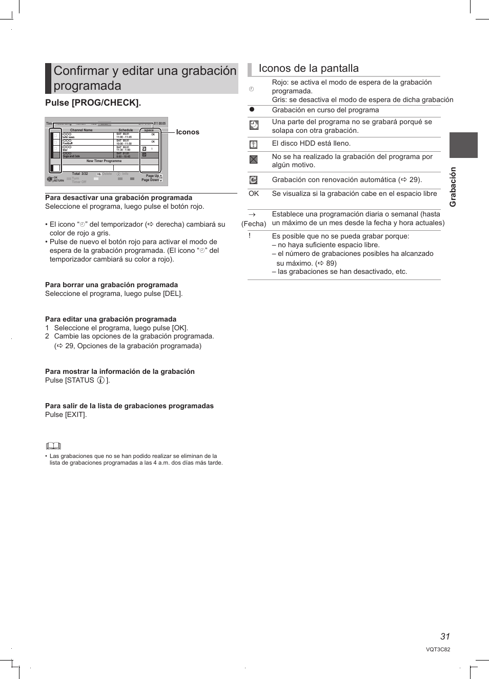 Confirmar y editar una grabación programada, Iconos de la pantalla, 31 pulse [prog/check | Grabación | Panasonic DMRPWT500EC User Manual | Page 31 / 96