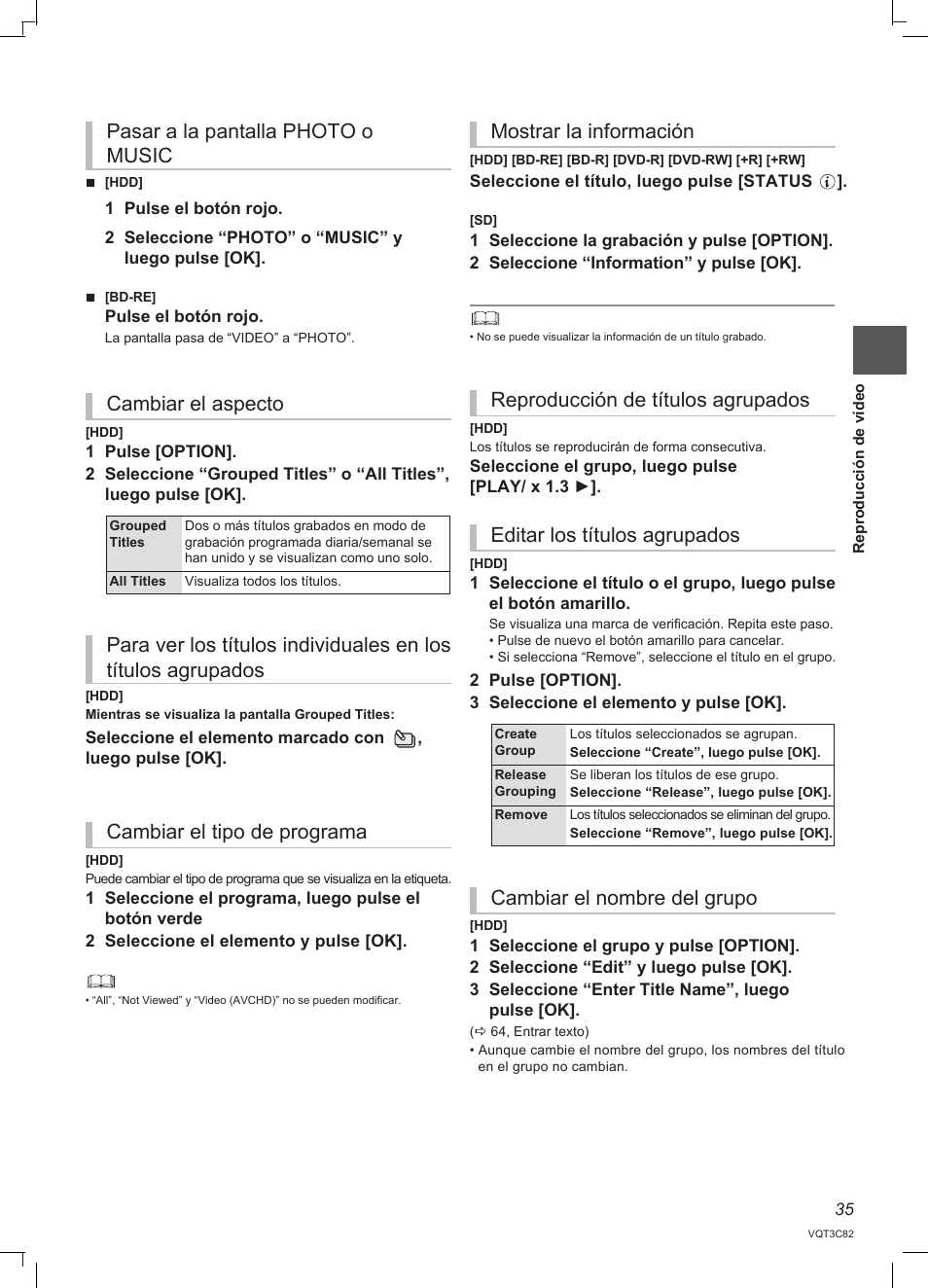 Cambiar el nombre del grupo | Panasonic DMRPWT500EC User Manual | Page 35 / 96