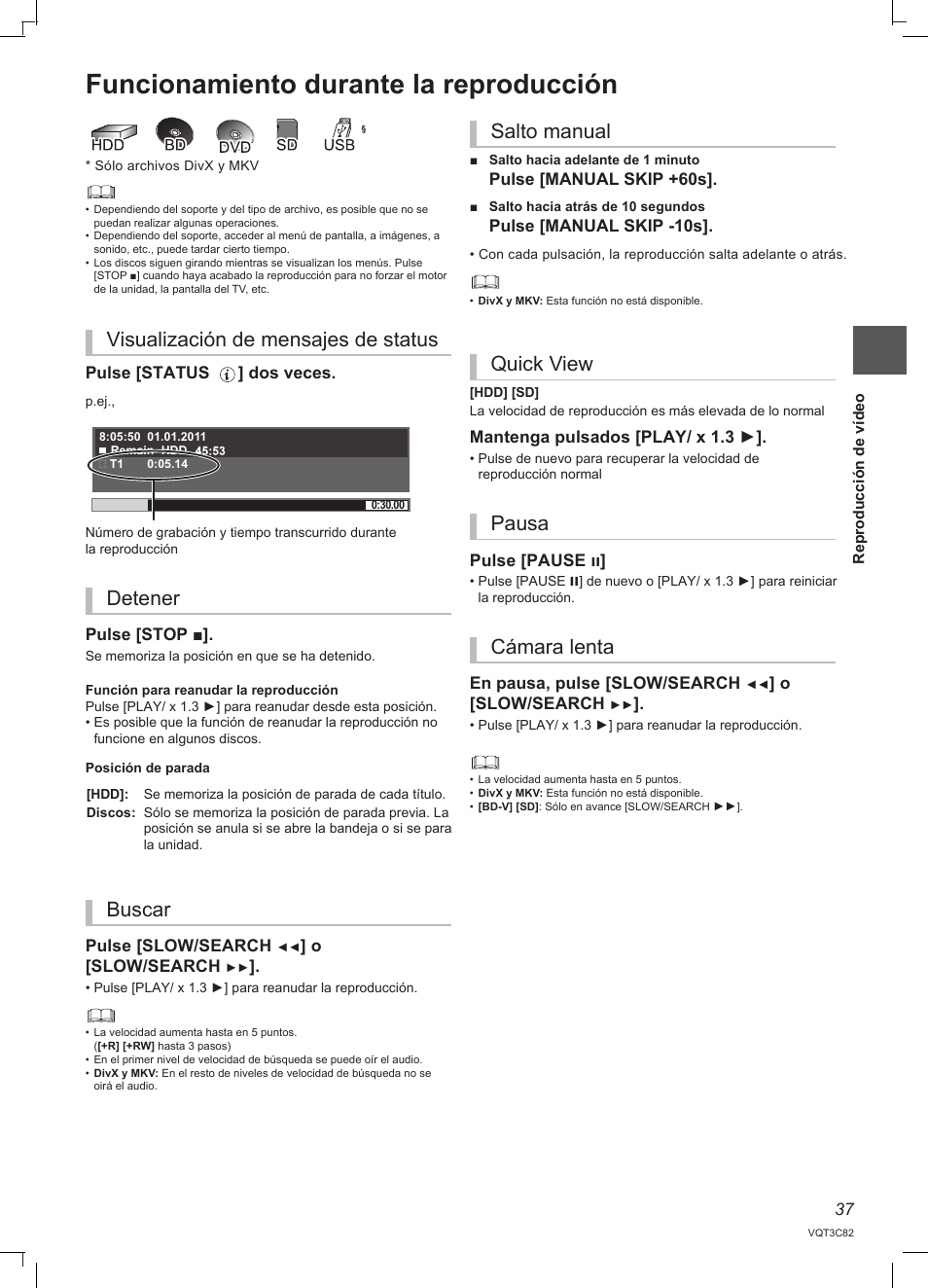 Funcionamiento durante la reproducción, Visualización de mensajes de status detener, Buscar | Salto manual quick view pausa cámara lenta | Panasonic DMRPWT500EC User Manual | Page 37 / 96