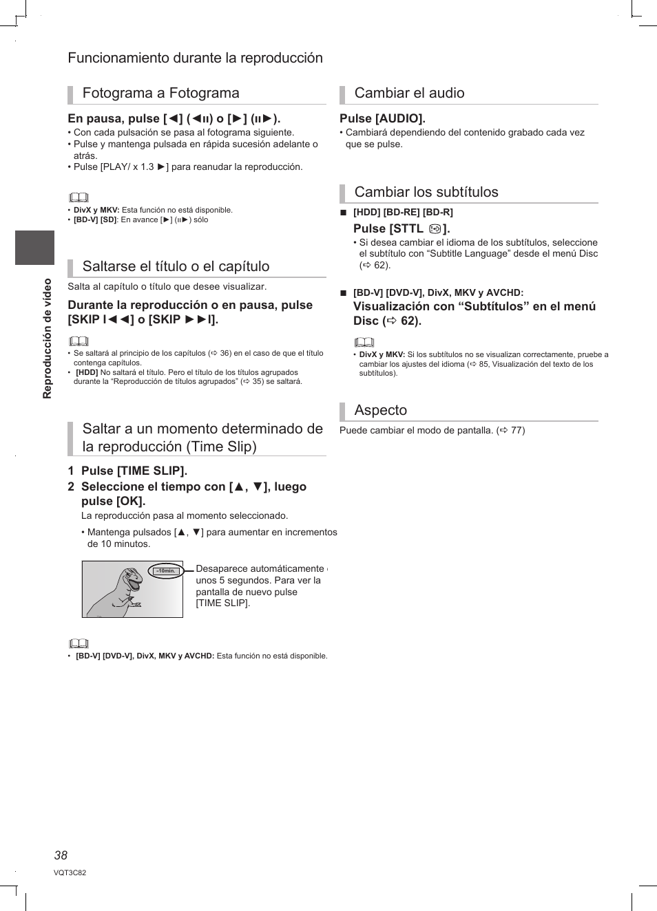 Funcionamiento durante la reproducción, Cambiar el audio cambiar los subtítulos aspecto | Panasonic DMRPWT500EC User Manual | Page 38 / 96