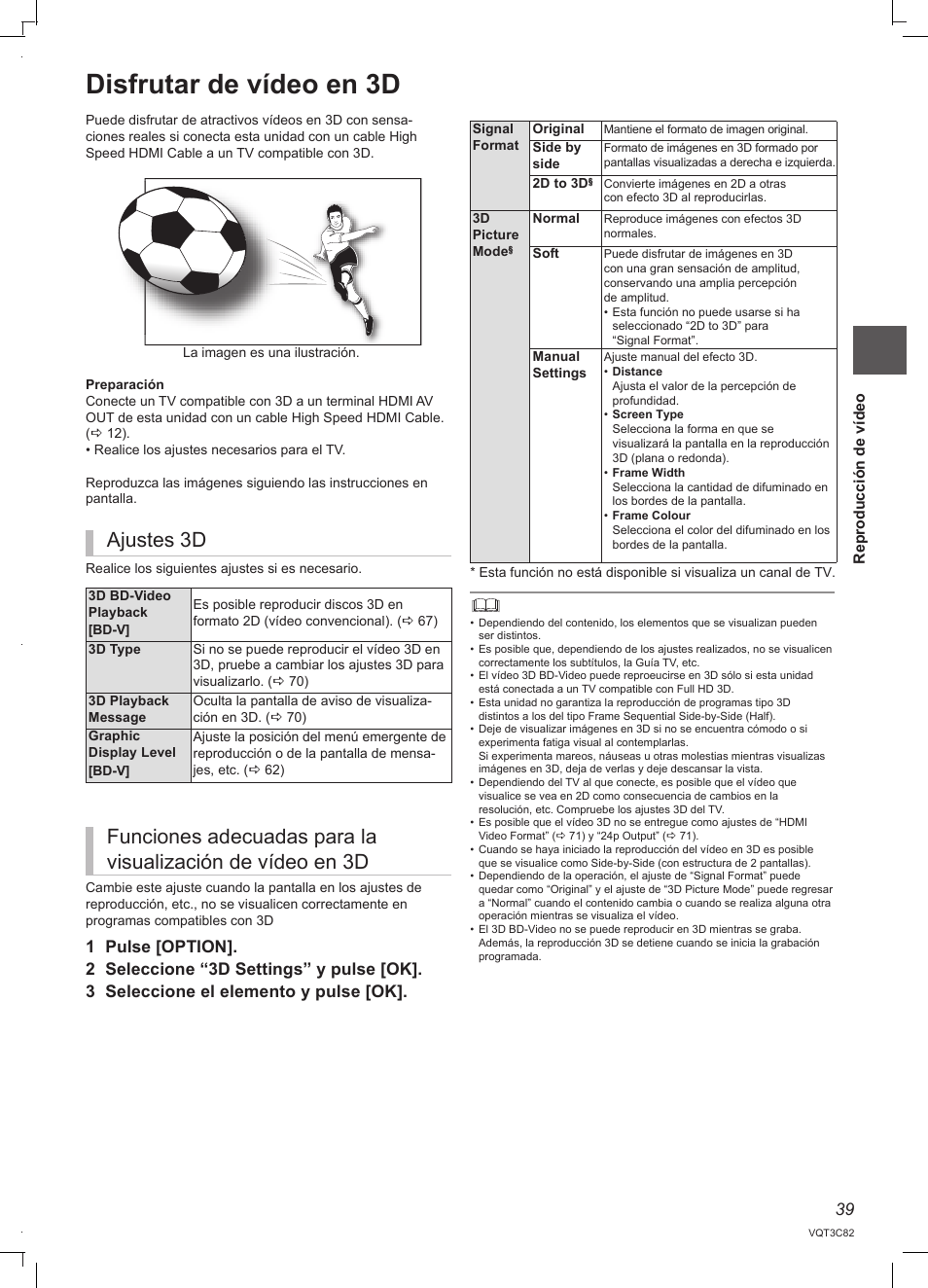 Disfrutar de vídeo en 3d, Ajustes 3d | Panasonic DMRPWT500EC User Manual | Page 39 / 96