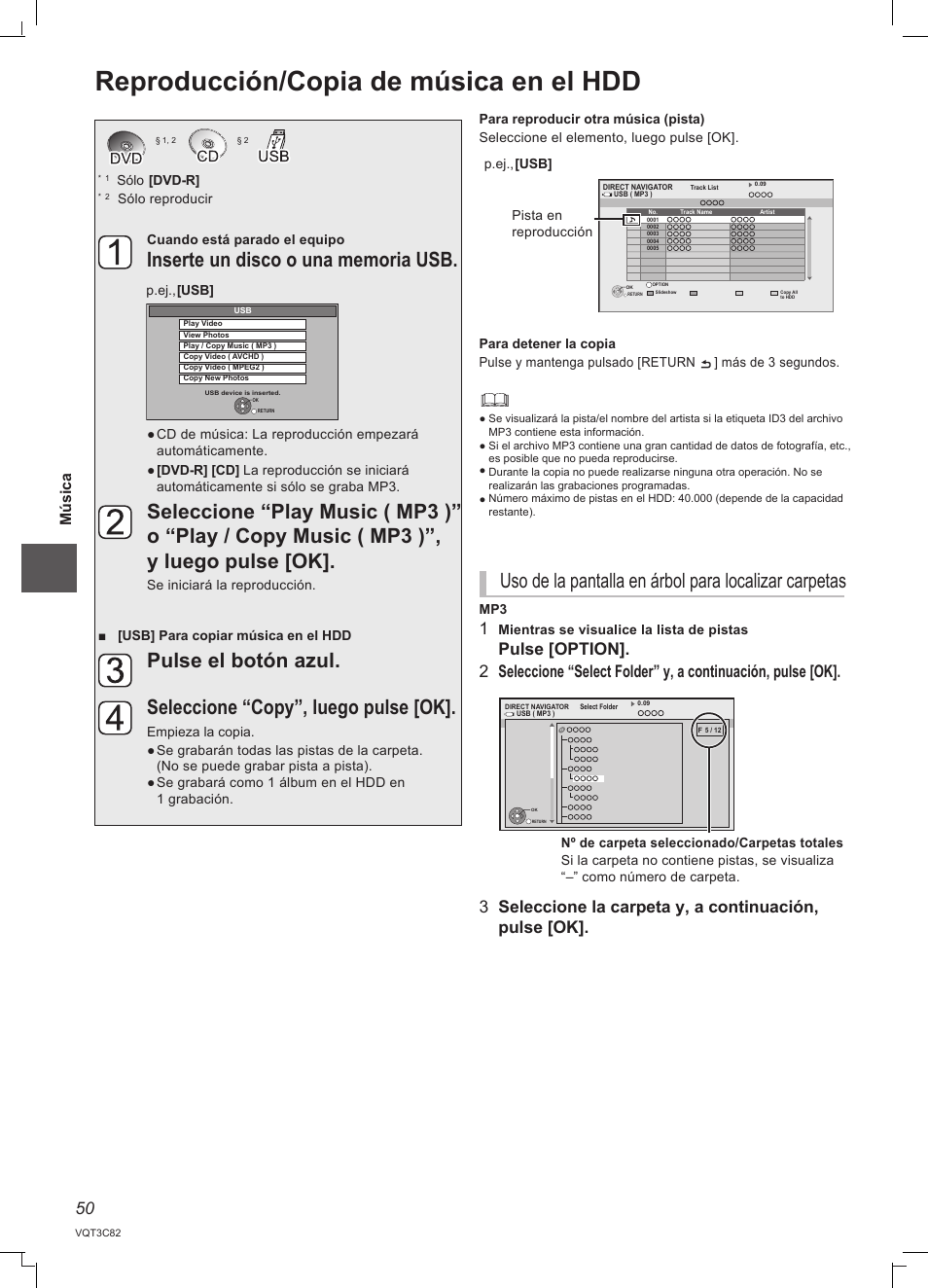 Reproducción/copia de música en el hdd, Mús ic a | Panasonic DMRPWT500EC User Manual | Page 50 / 96