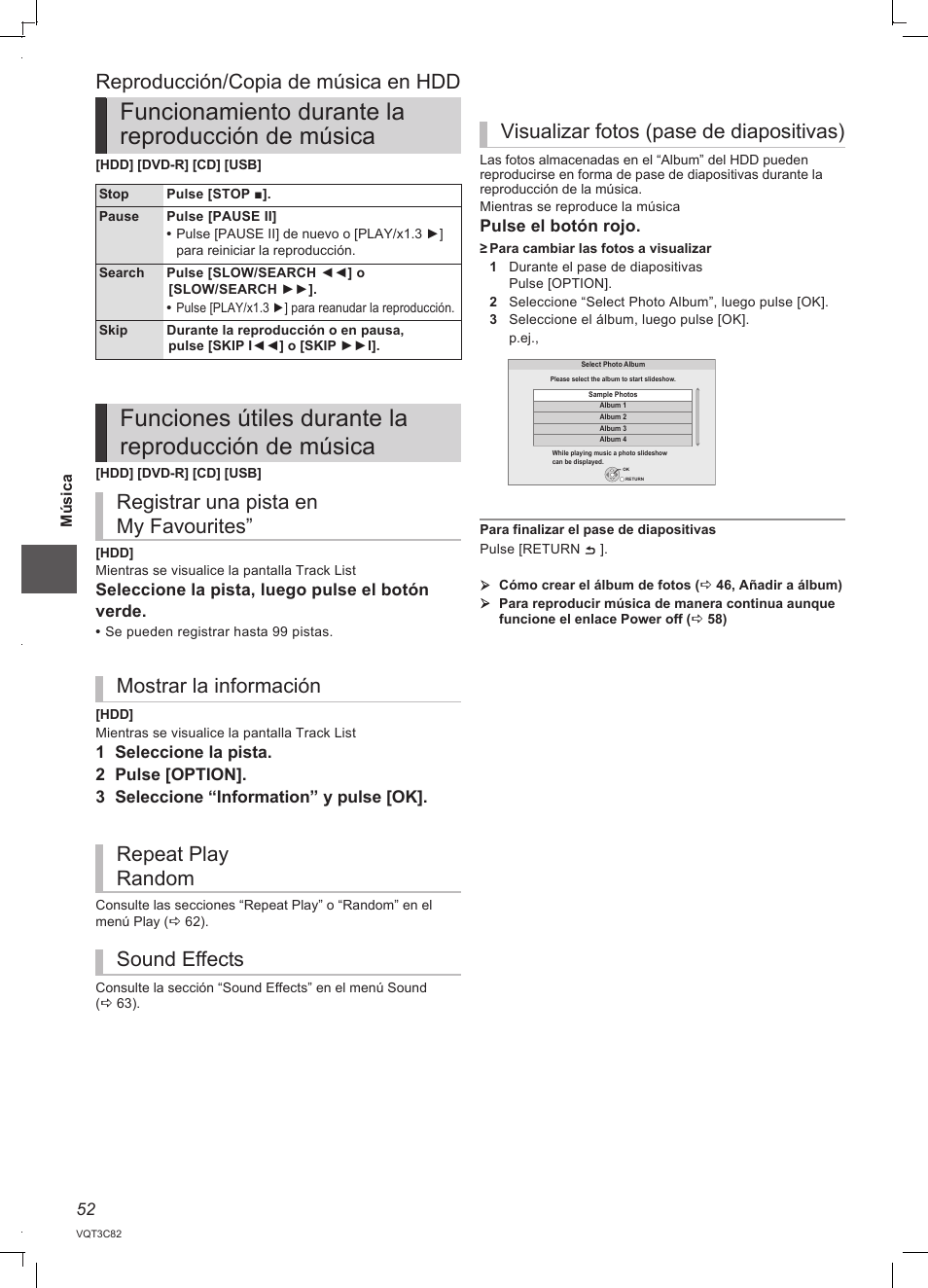 Funcionamiento durante la reproducción de música, Funciones útiles durante la reproducción de música, Reproducción/copia de música en hdd | Panasonic DMRPWT500EC User Manual | Page 52 / 96