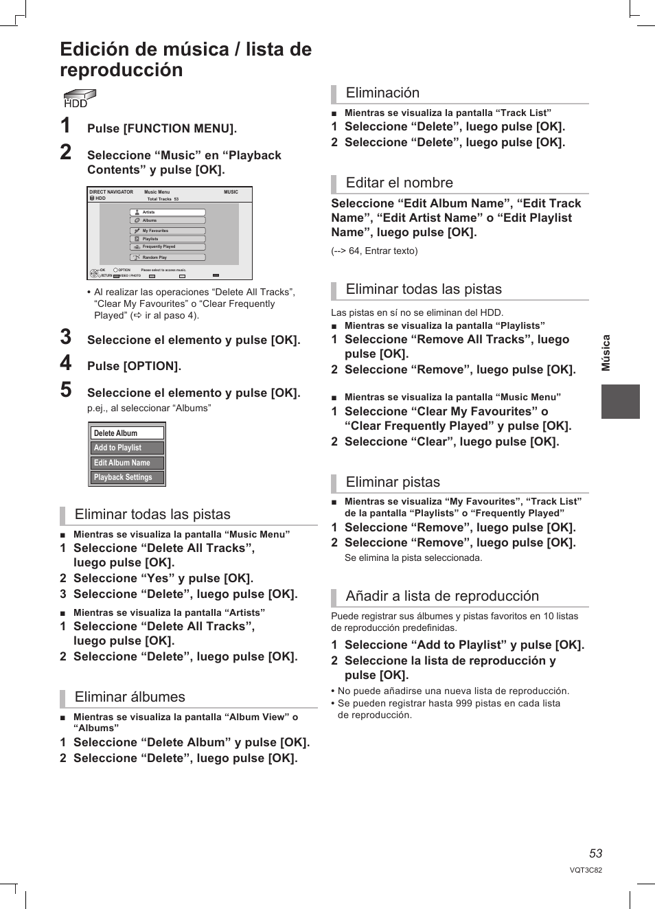 Edición de música / lista de reproducción, Eliminar todas las pistas eliminar álbumes | Panasonic DMRPWT500EC User Manual | Page 53 / 96