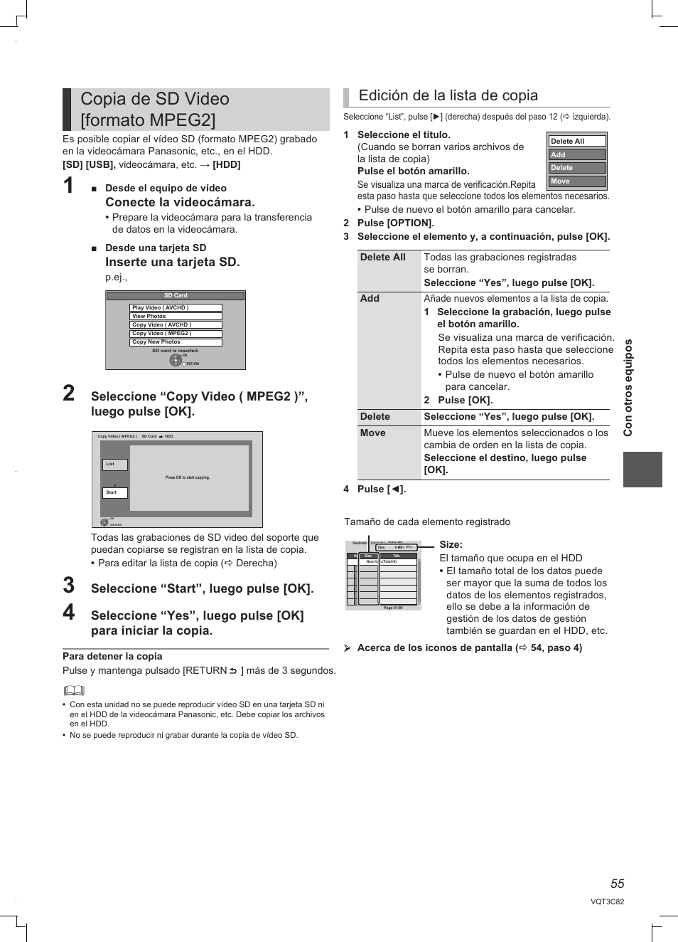 Copia de sd video [formato mpeg2, Edición de la lista de copia, Seleccione “copy video ( mpeg2 )”, luego pulse [ok | Seleccione “start”, luego pulse [ok, Conecte la videocámara, Inserte una tarjeta sd | Panasonic DMRPWT500EC User Manual | Page 55 / 96