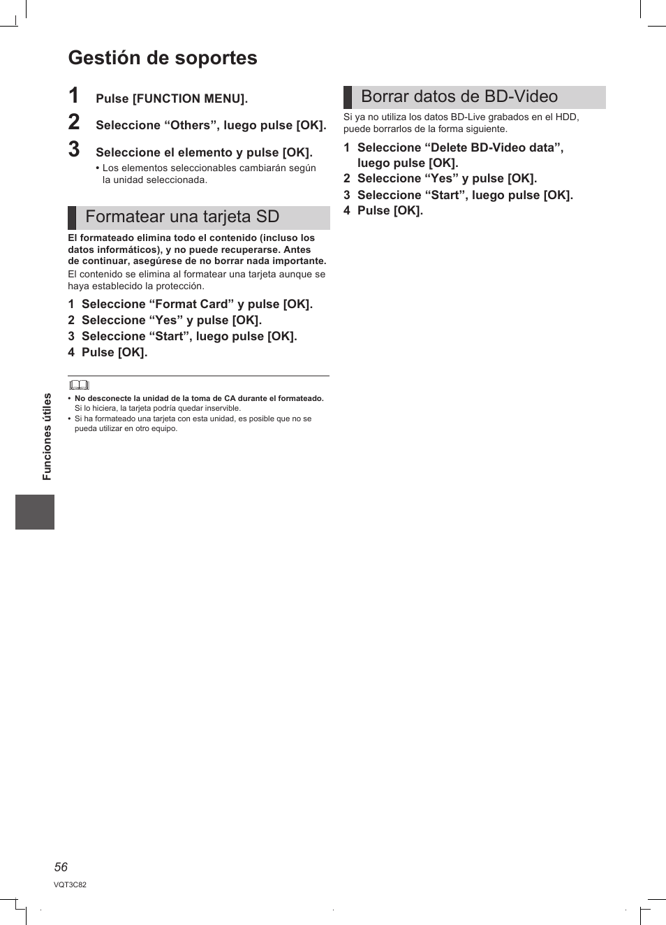 Gestión de soportes, Formatear una tarjeta sd borrar datos de bd-video | Panasonic DMRPWT500EC User Manual | Page 56 / 96