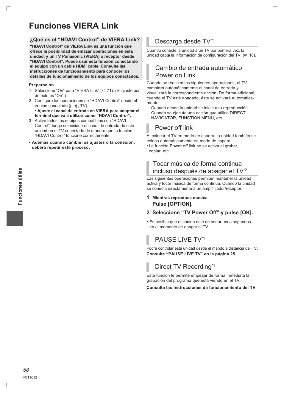 Funciones viera link, Descarga desde tv, Pause live tv | Direct tv recording | Panasonic DMRPWT500EC User Manual | Page 58 / 96