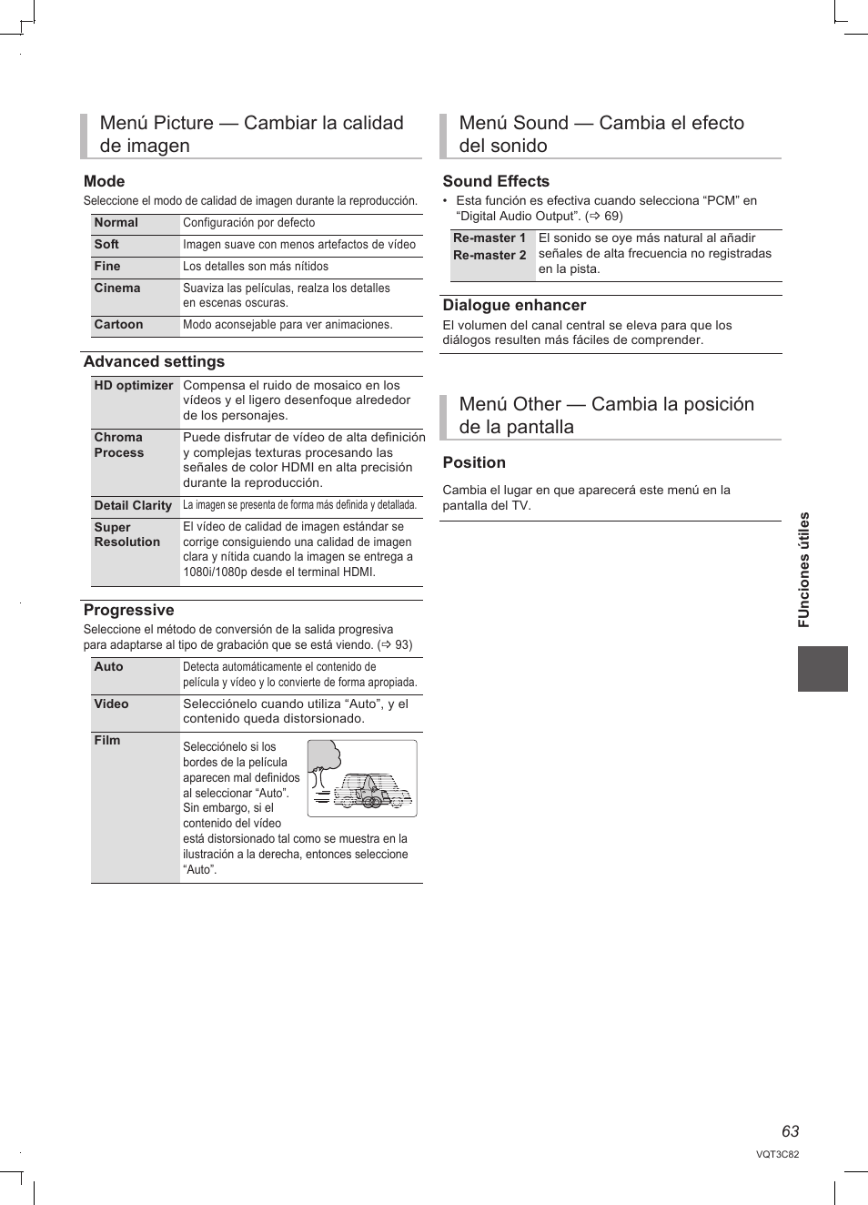 Menú picture — cambiar la calidad de imagen, Menú sound — cambia el efecto del sonido, Menú other — cambia la posición de la pantalla | Panasonic DMRPWT500EC User Manual | Page 63 / 96
