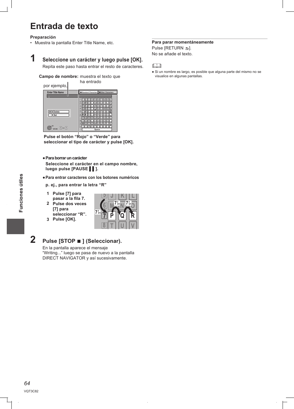 Entrada de texto | Panasonic DMRPWT500EC User Manual | Page 64 / 96