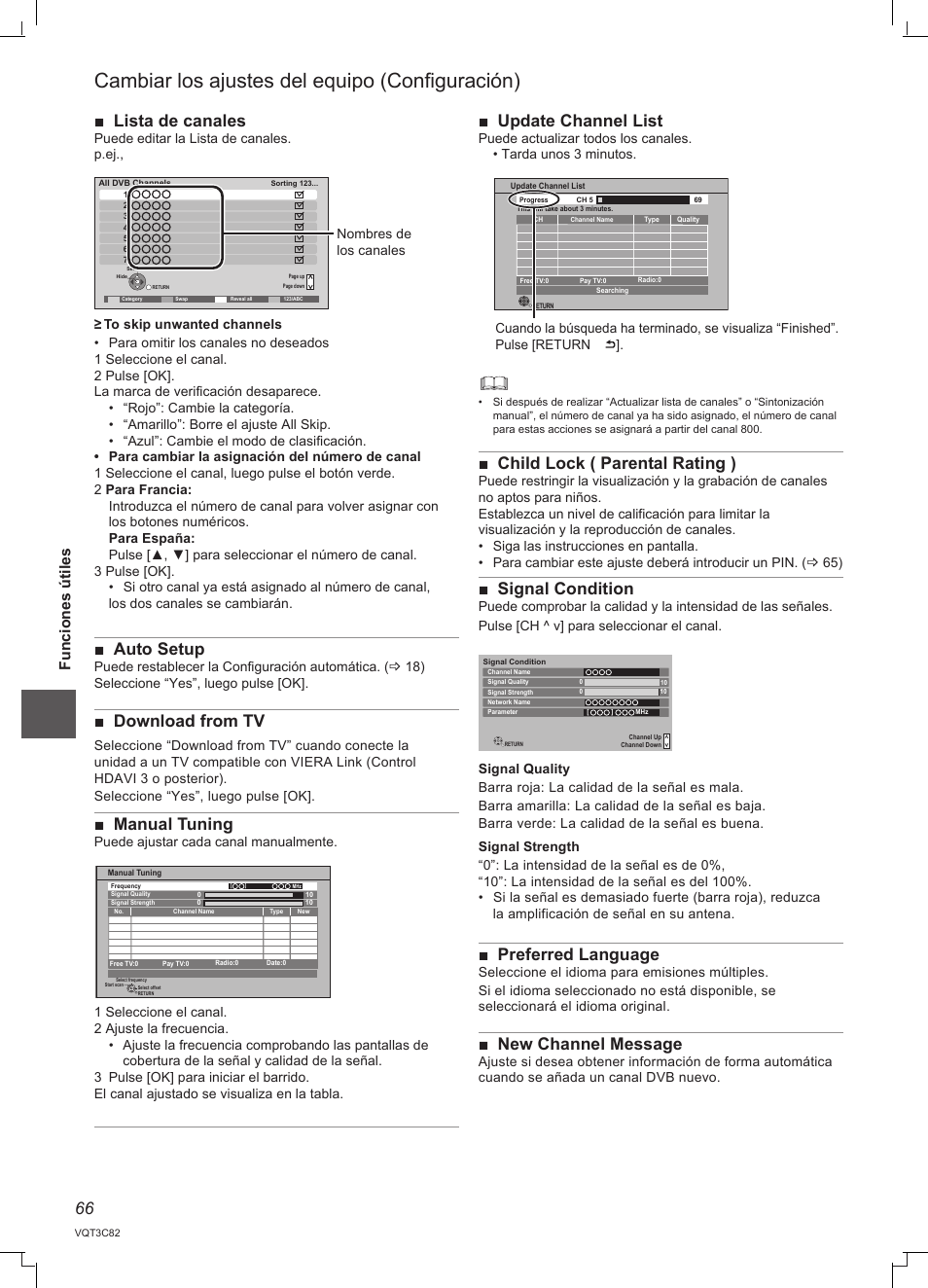 Cambiar los ajustes del equipo (configuración), Lista de canales, Auto setup | Download from tv, Manual tuning, Update channel list, Child lock ( parental rating ), Signal condition, Preferred language, New channel message | Panasonic DMRPWT500EC User Manual | Page 66 / 96