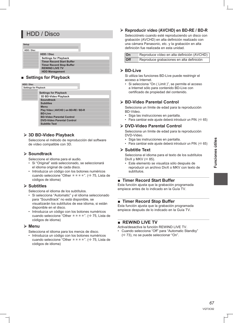 Hdd / disco, 67 ■ settings for playback 3d bd-video playback, Soundtrack | Subtitles, Menu, Reproducir vídeo (avchd) en bd-re / bd-r, Bd-live, Bd-video parental control, Dvd-video parental control, Subtitle text | Panasonic DMRPWT500EC User Manual | Page 67 / 96