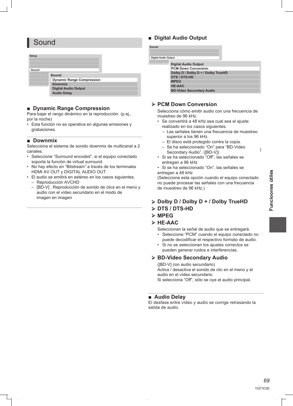 Sound, 69 ■ dynamic range compression, Downmix | Digital audio output pcm down conversion, Bd-video secondary audio, Audio delay | Panasonic DMRPWT500EC User Manual | Page 69 / 96