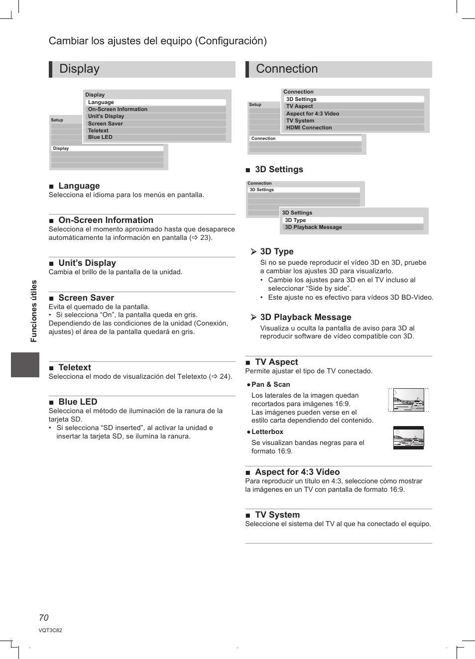 Display, Connection, Cambiar los ajustes del equipo (configuración) | Language, On-screen information, Unit’s display, Screen saver, Teletext, Blue led, 3d settings 3d type | Panasonic DMRPWT500EC User Manual | Page 70 / 96