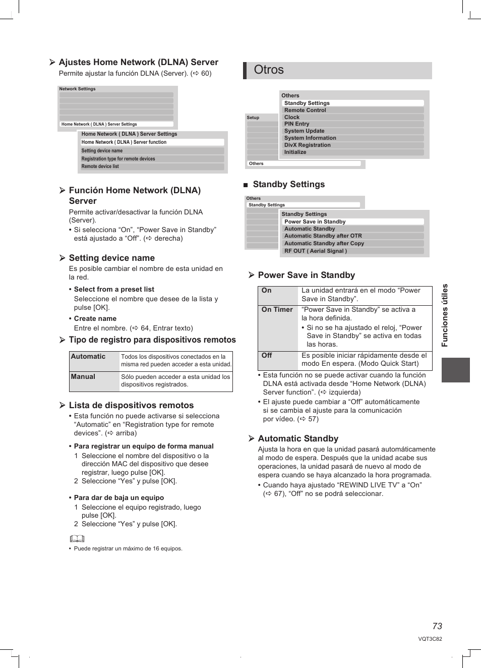 Otros, 73 ajustes home network (dlna) server, Función home network (dlna) server | Setting device name, Standby settings power save in standby, Automatic standby | Panasonic DMRPWT500EC User Manual | Page 73 / 96